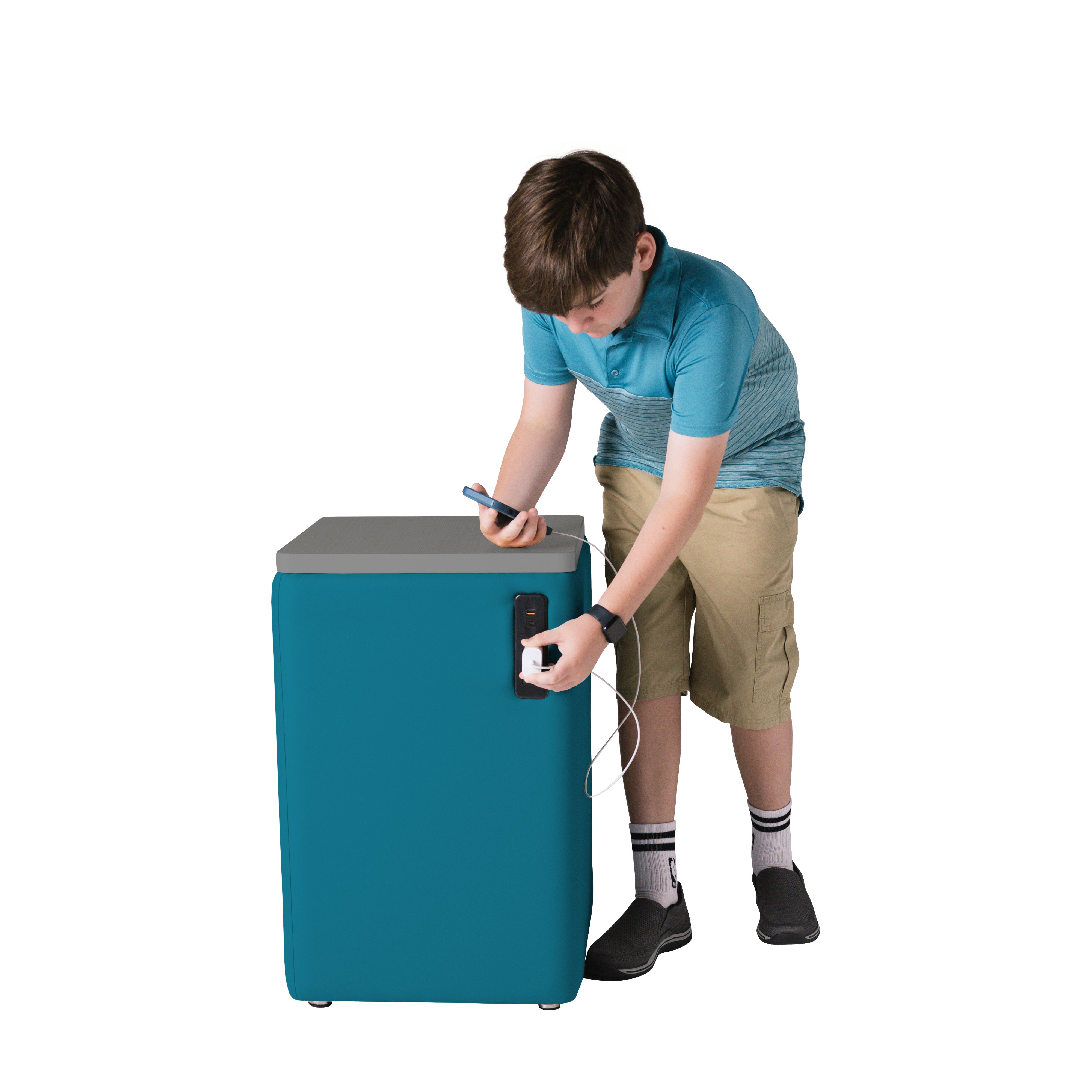Pro Series Upholstered 18" x 18" Square Ottoman Table with Tech Panel 28" Height - Teal/Cosmic Strandz