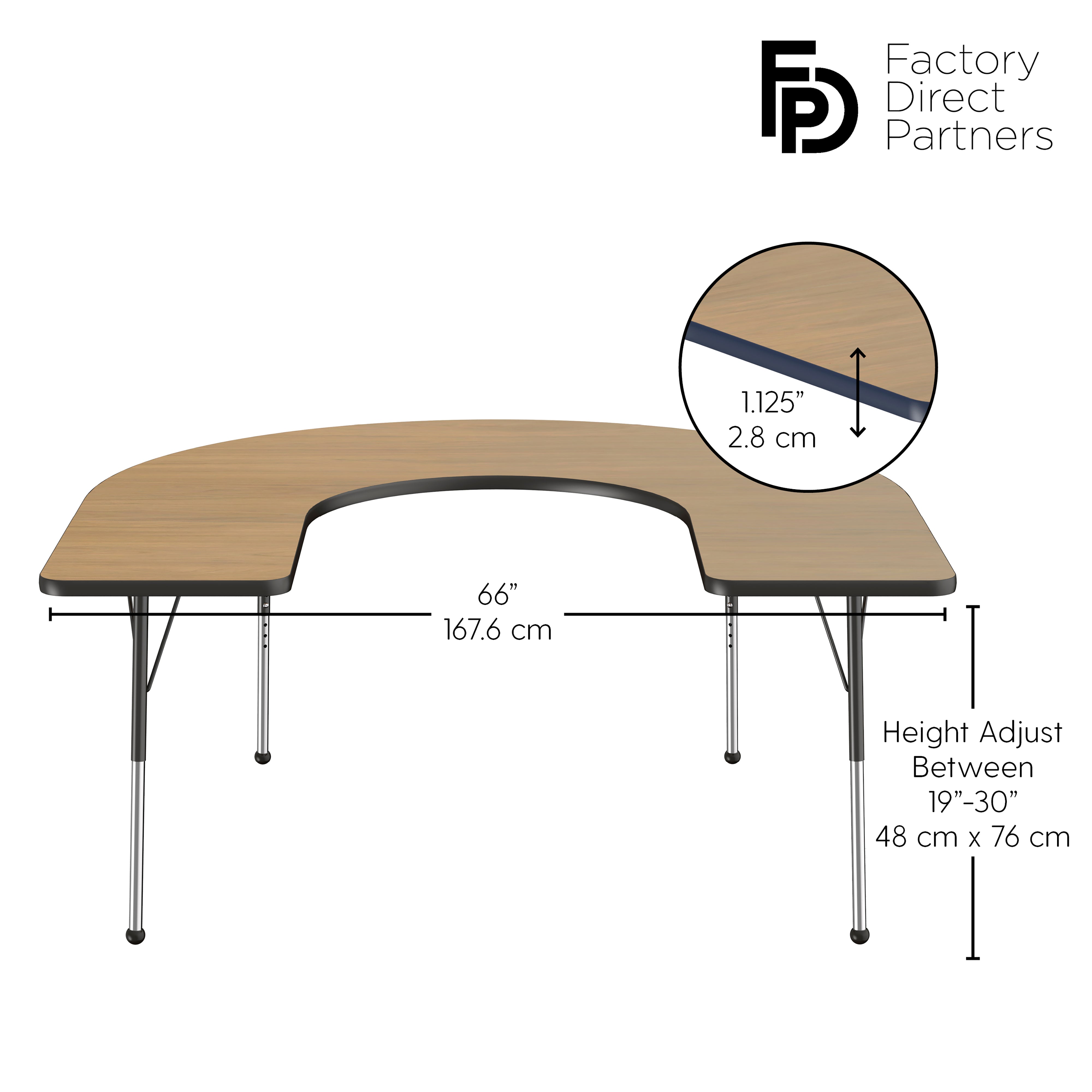60" x 66" Horseshoe T-Molding Activity Table with Adjustable Standard Ball Glide Legs - Pasadena Oak/Navy