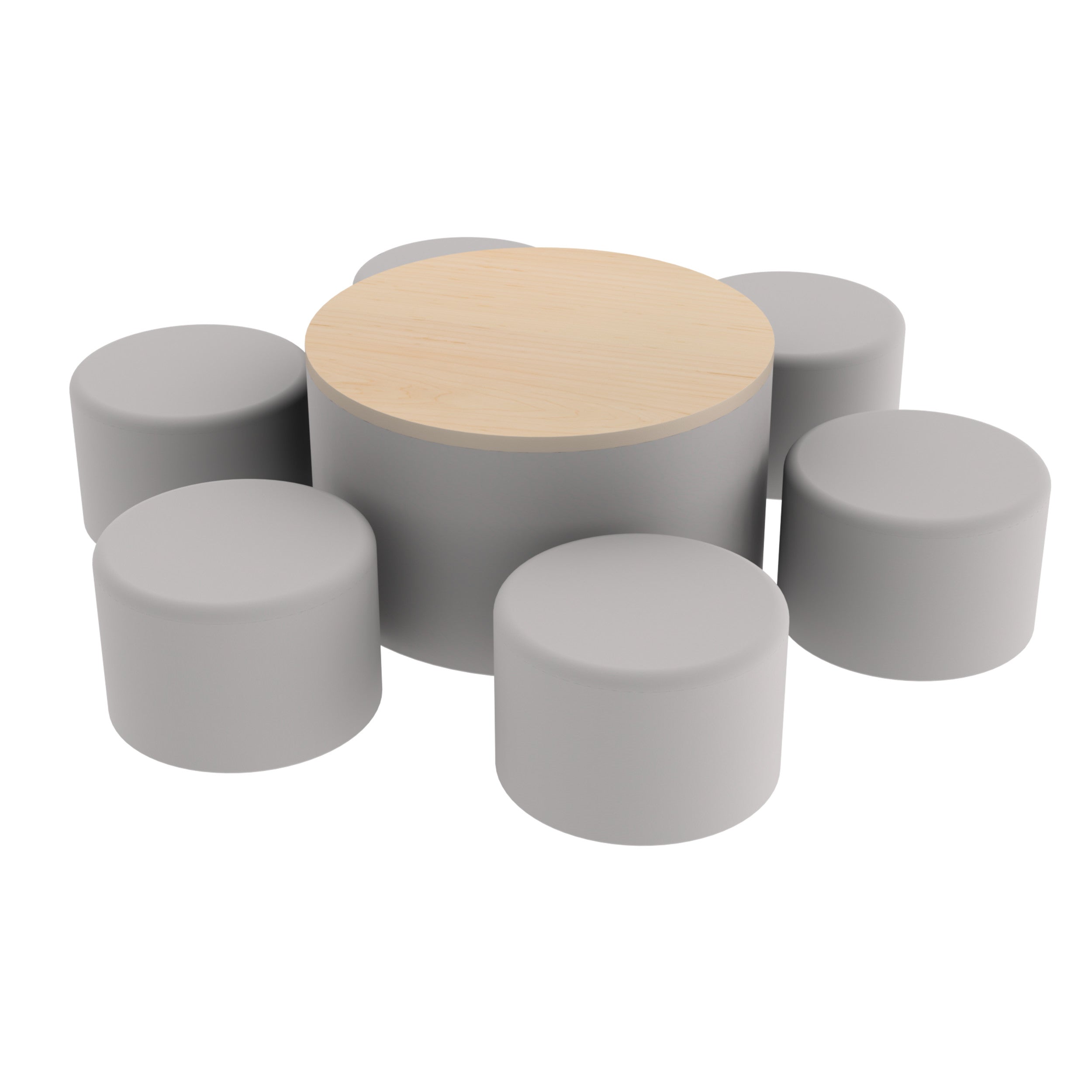 Pro Series 30" Round Ottoman Table with Round 12" H Seating, 7-Piece Set - Gray/Maple