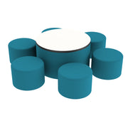 Pro Series Dry-Erase 30" Round Ottoman Table with Round 12" H Seating, 7-Piece Set - Teal/Whiteboard
