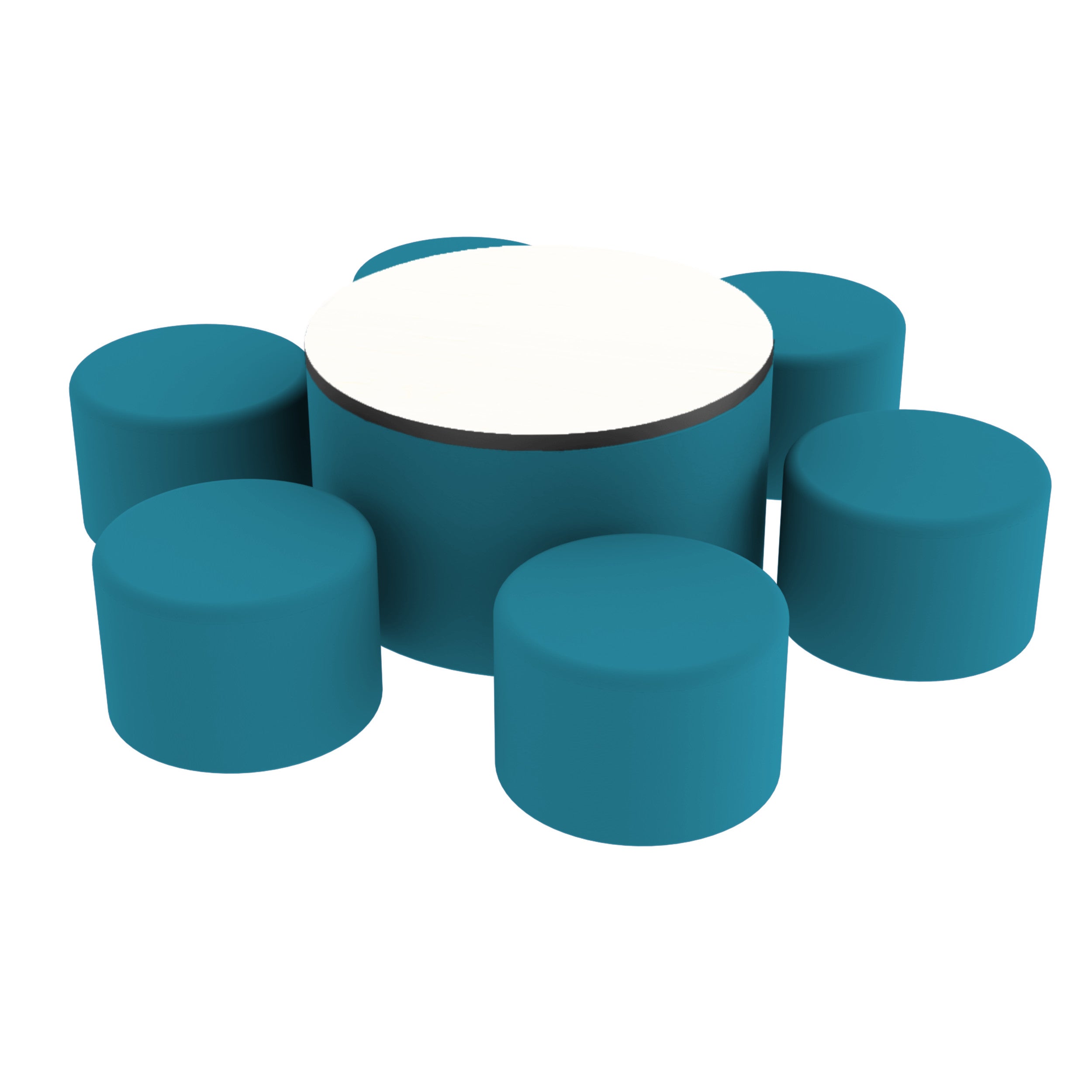 Pro Series Dry-Erase 30" Round Ottoman Table with Round 12" H Seating, 7-Piece Set - Teal/Whiteboard