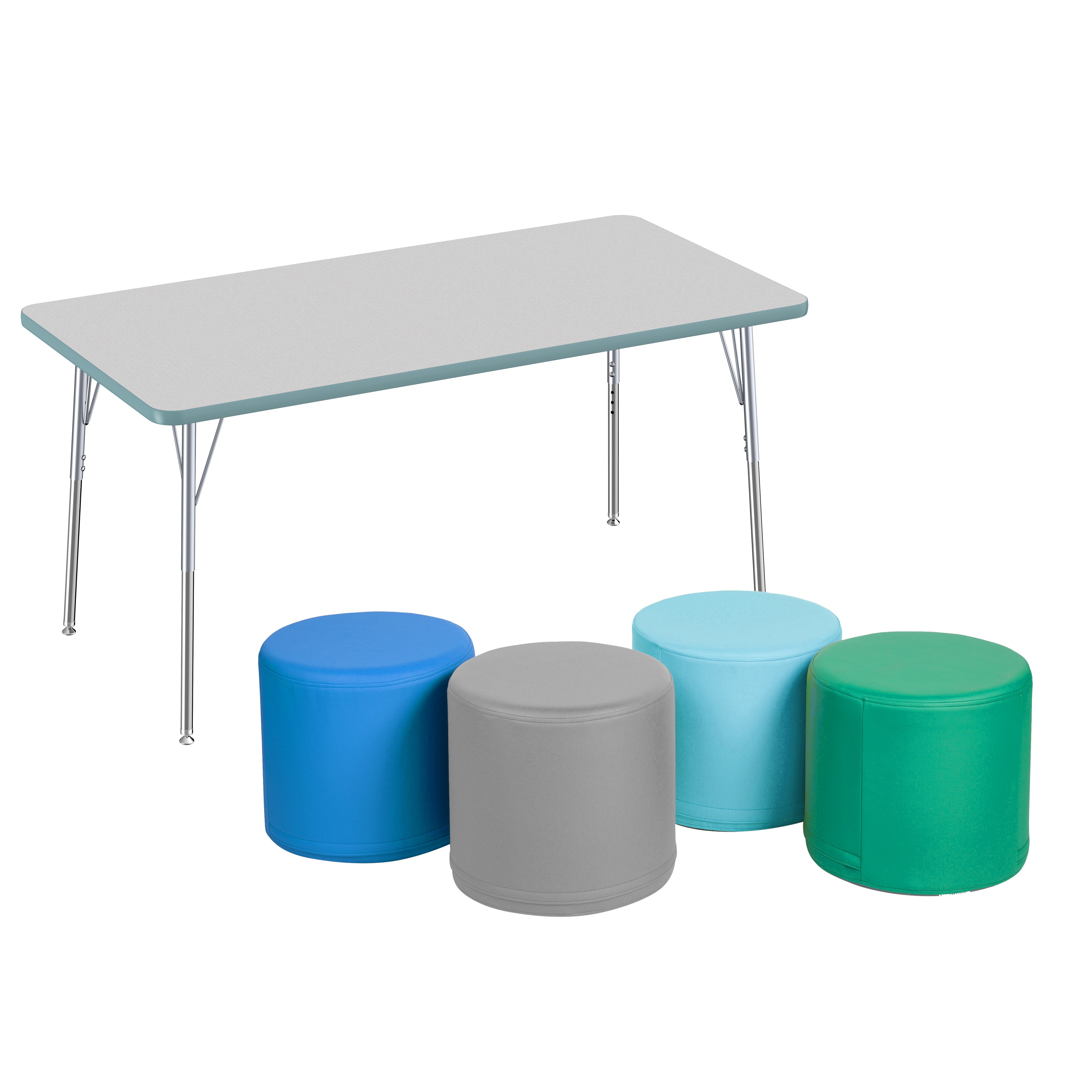 30" x 60" Rectangle Thermofused Activity Table with Standard Swivel Legs and Round Ottomans 16" Height, 5-Piece Set - Gray/Seafoam/Silver/Contemporary