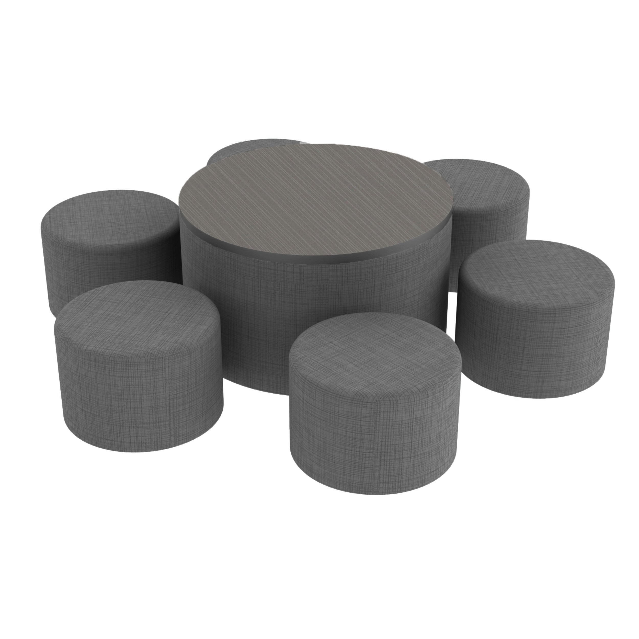 Pro Series 30" Round Ottoman Table with Round 12" H Seating, 7-Piece Set - Slate Gray Crosshatch/Cosmic Strandz