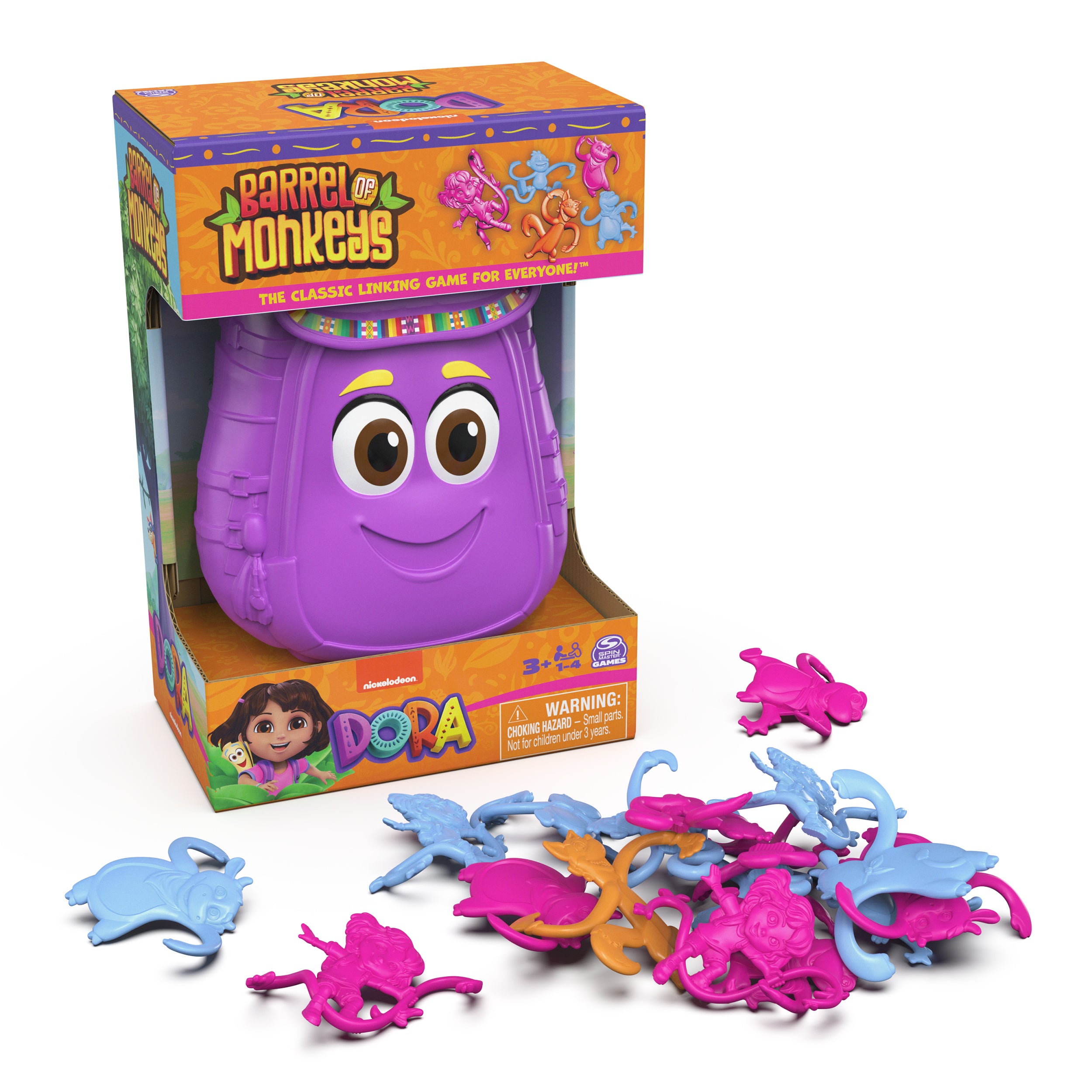 Spin Master Games, Dora the Explorer Barrel of Monkeys, Classic Linking Game in Backpack Storage Case, Easy Activity Toy for Preschoolers, Fun for Kids & Family, 1-4 Players, for Ages 3 & Up