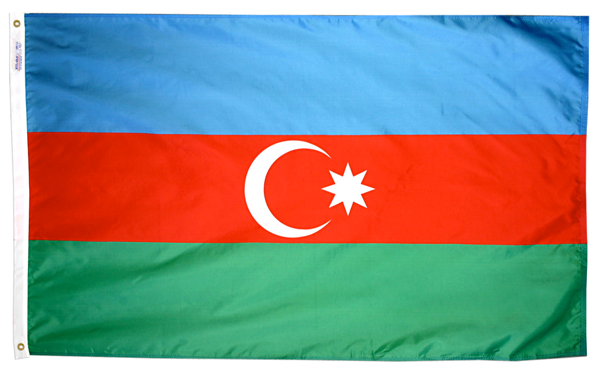 Azerbaijan Flag 5x8 ft. Nylon SolarGuard Nyl-Glo 100% Made in USA to Official United Nations Design Specifications.