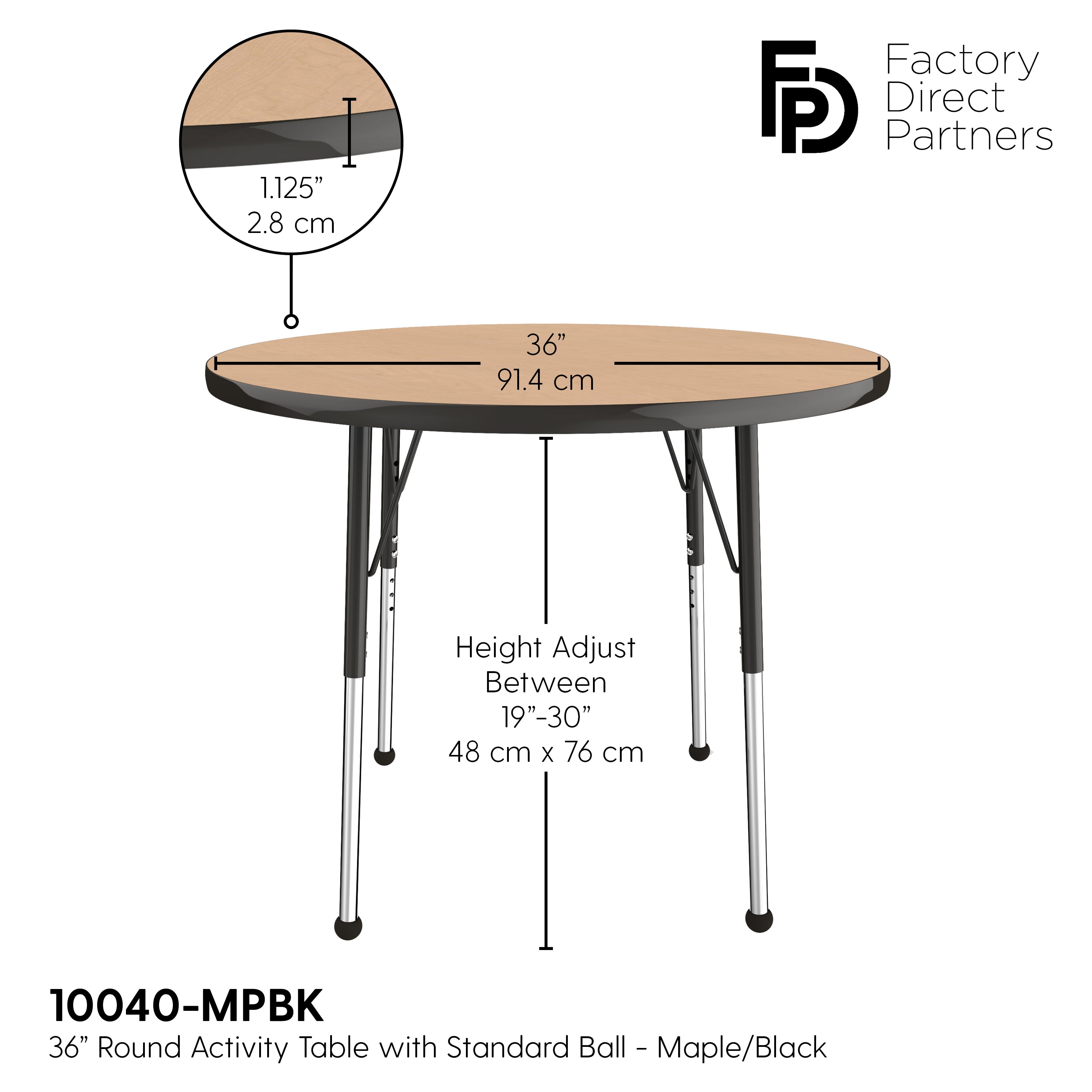 36" Round T-Molding Activity Table with Adjustable Standard Ball Glide Legs - Maple/Black