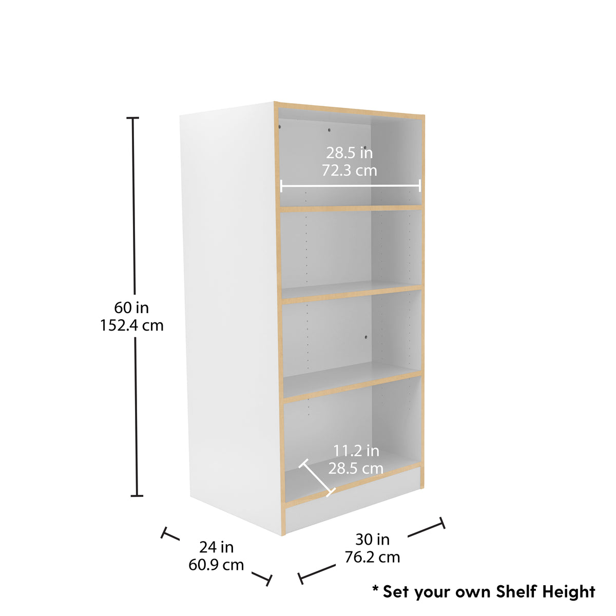 Laminate Double-Sided Bookcase 4-Shelf 60" Height - White/Maple Grain
