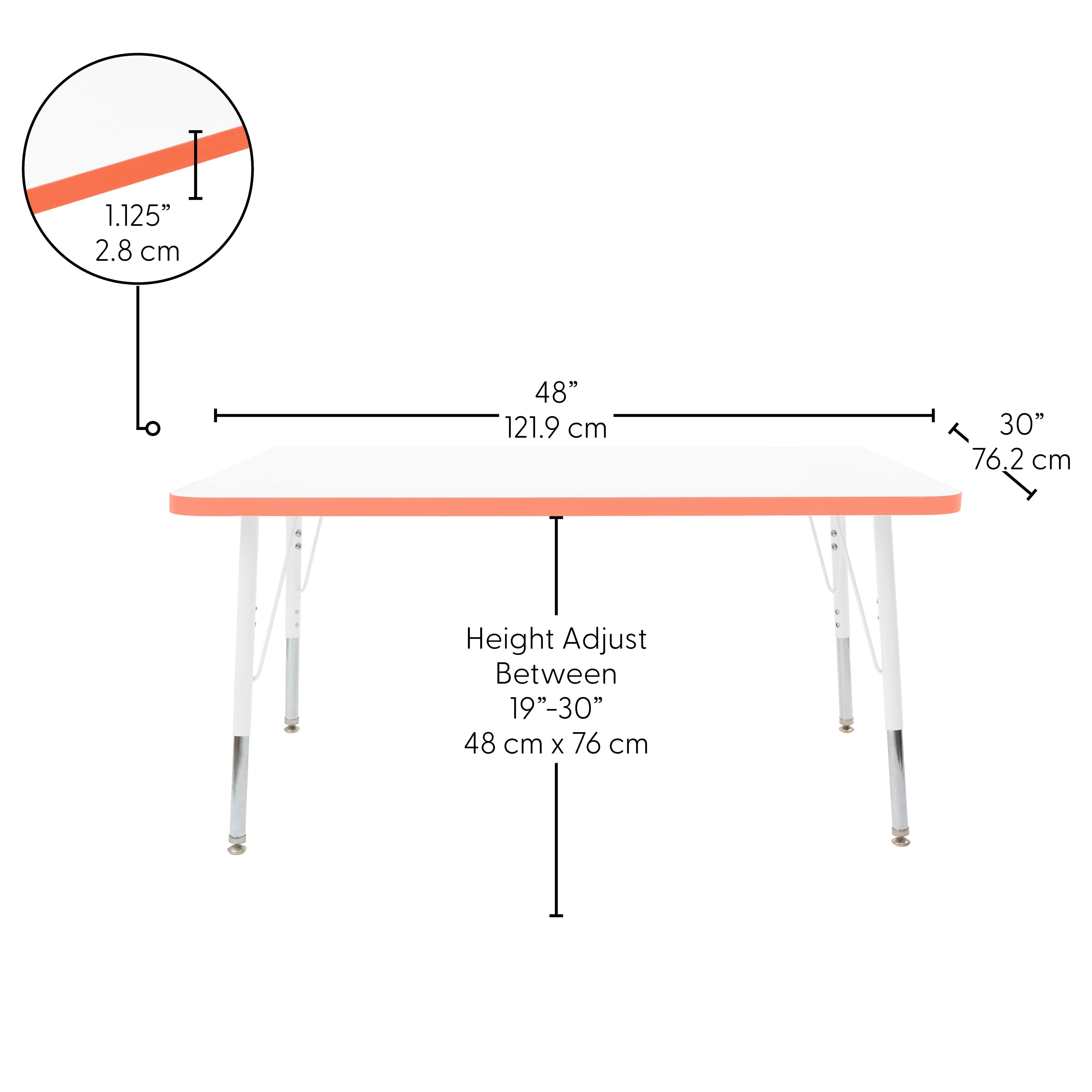 30" x 48" Rectangle Thermofused Activity Table with Adjustable Standard Swivel Glide Legs - White/Tangerine/White