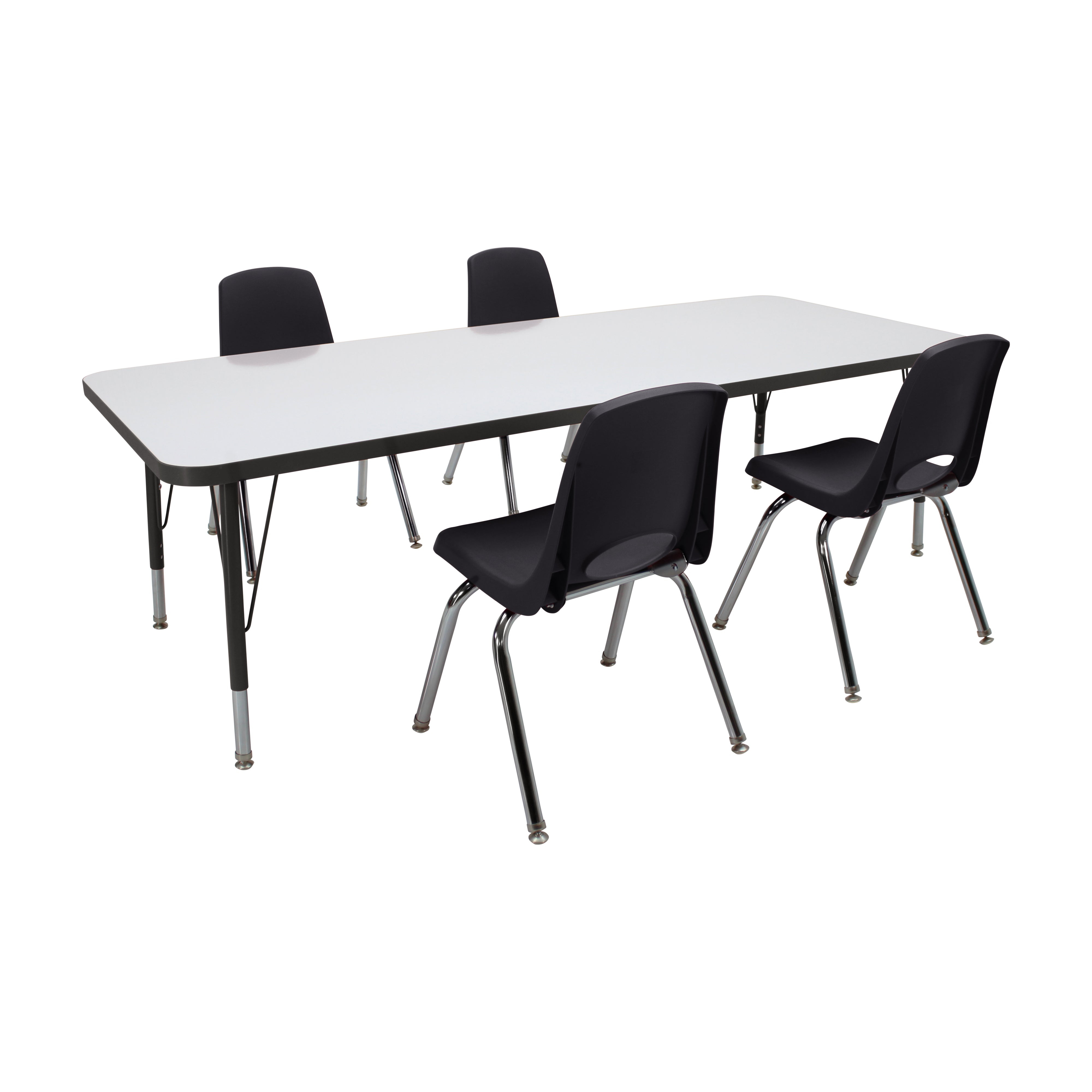30" x 72" Rectangle Dry-Erase Activity Table with Standard Legs and 14" Stack Chairs with Swivel Glides, 5-Piece Set - Whiteboard/Black