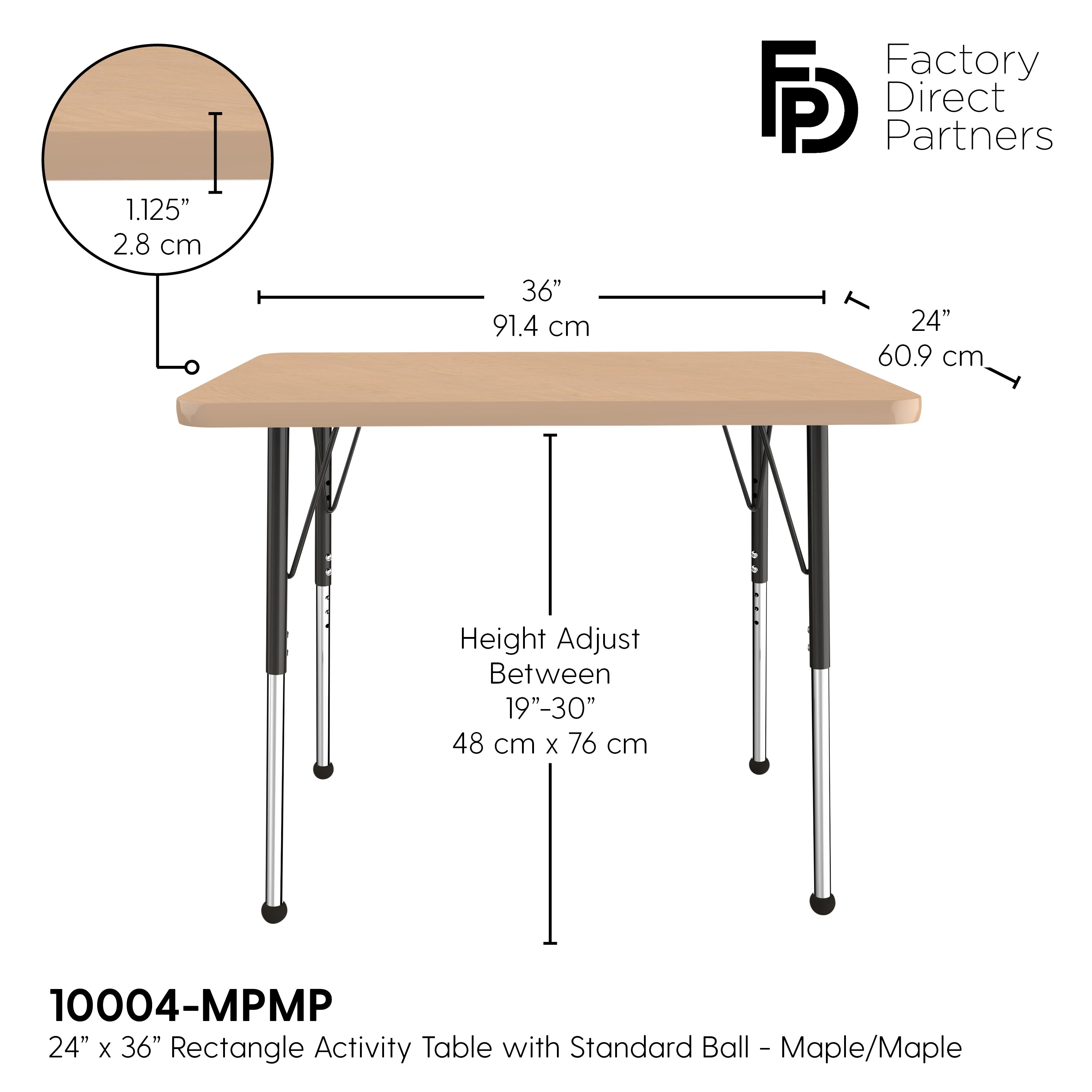 24" x 36" Rectangle T-Molding Activity Table with Adjustable Standard Ball Glide Legs - Maple/Maple/Black
