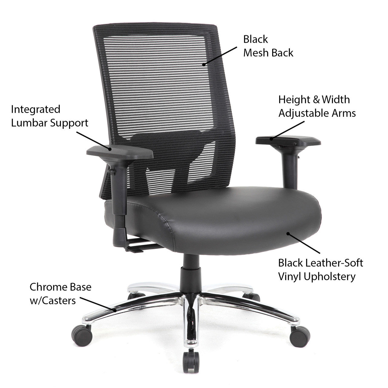 OfficeSource Big & Tall Mesh Back Executive Chair - Black PU Leather