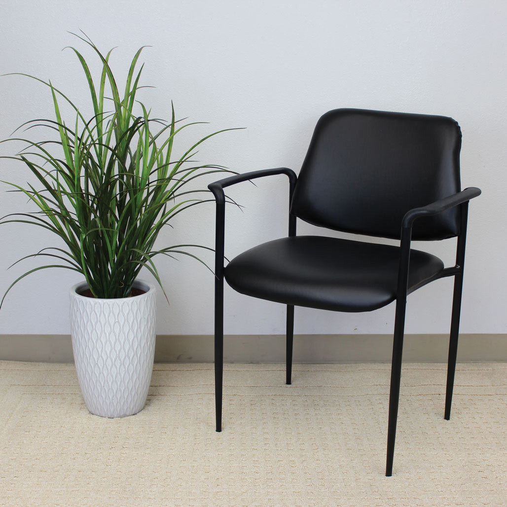 OfficeSource Levy Guest Stack Chair with Arms - Black Leather Soft Vinyl