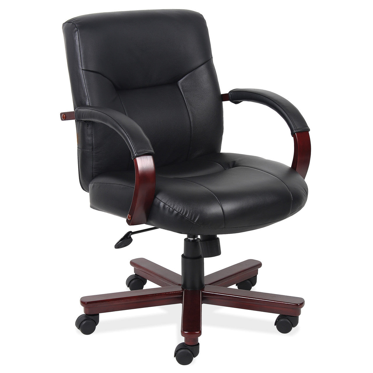 OfficeSource Spencer Executive Mid Back w/Mahogany Frame & Base - Black Leather Soft Vinyl