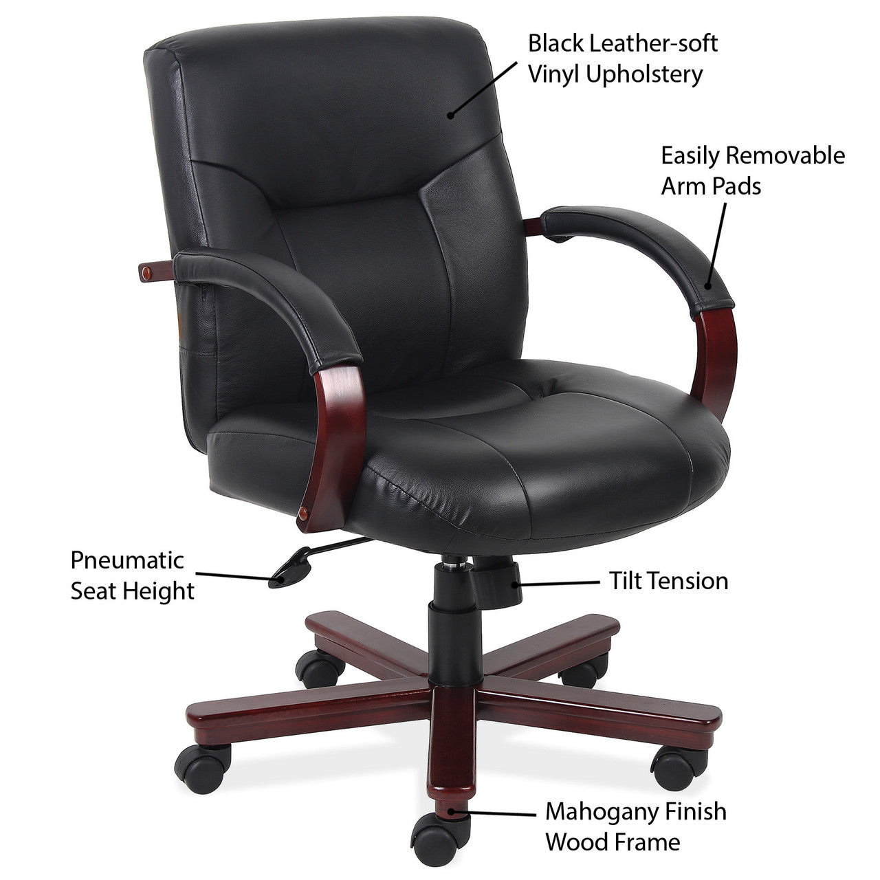 OfficeSource Spencer Executive Mid Back w/Mahogany Frame & Base - Black Leather Soft Vinyl