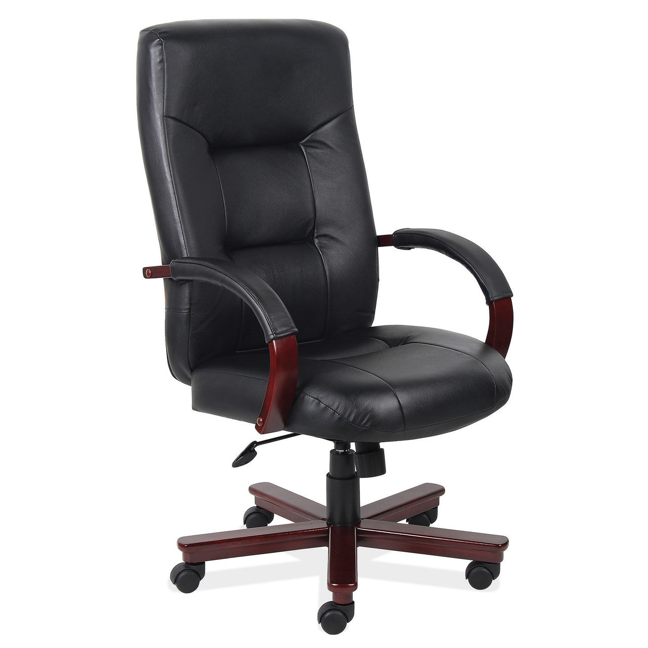 OfficeSource Spencer Executive High Back w/Mahogany Frame & Base - Black Leather Soft Vinyl
