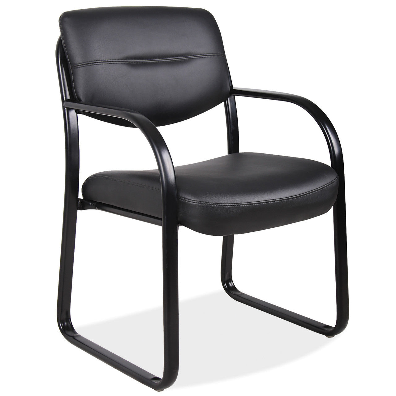 OfficeSource Merit Sled Base Guest Chair with Arms and Black Frame - Black Leather Soft Vinyl