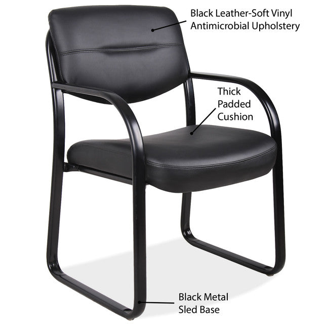 OfficeSource Merit Sled Base Guest Chair with Arms and Black Frame - Black Leather Soft Vinyl