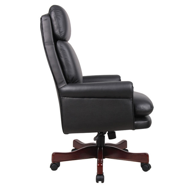 OfficeSource Lancaster High Back Executive Swivel with Mahogany Frame - Black Leather Soft Vinyl