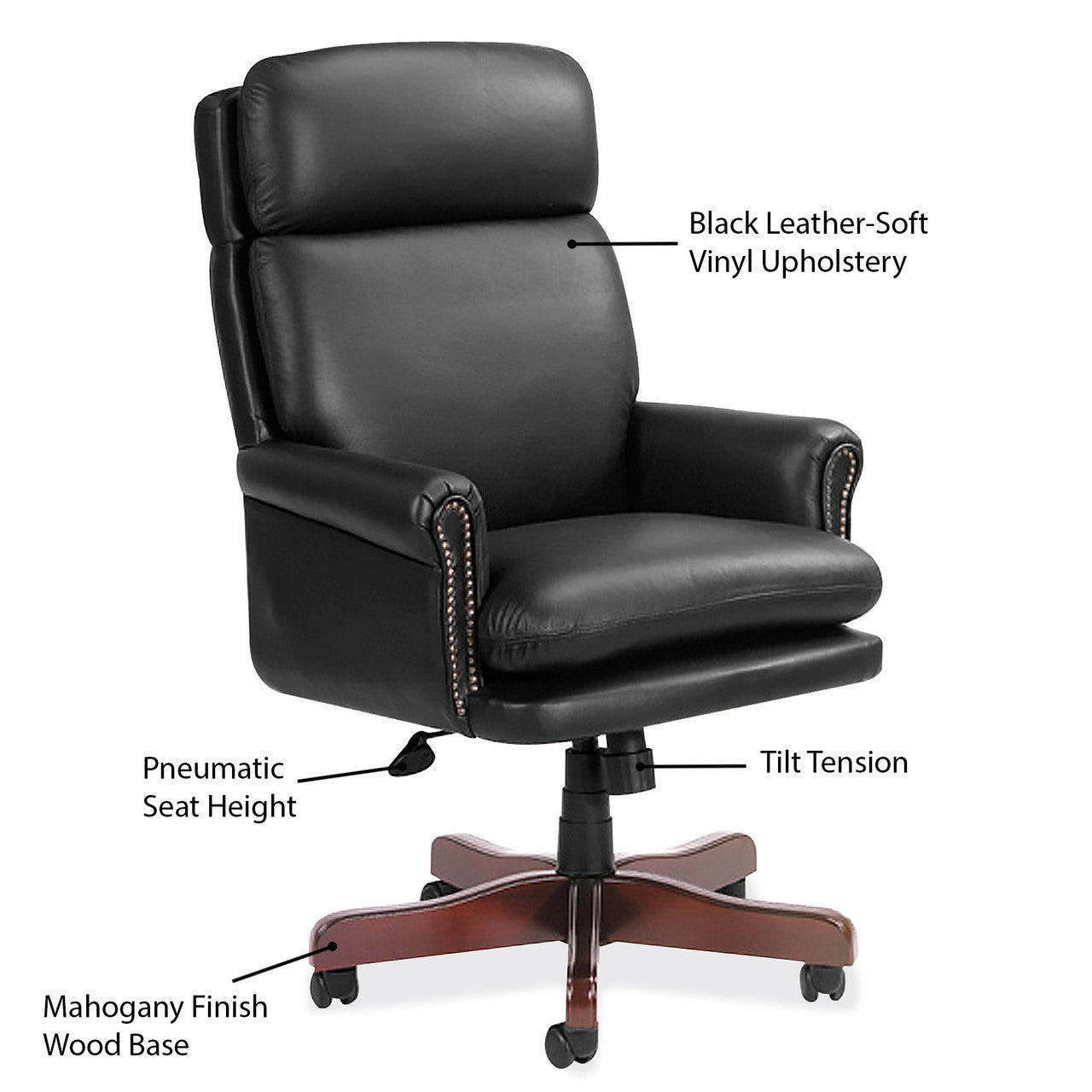 OfficeSource Lancaster High Back Executive Swivel with Mahogany Frame - Black Leather Soft Vinyl