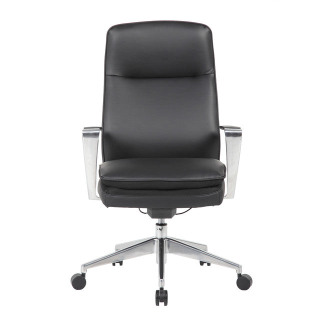 OfficeSource Obsidian High Back Executive Conference Chair with Fixed Aluminum Arms and Base - Black PU Leather