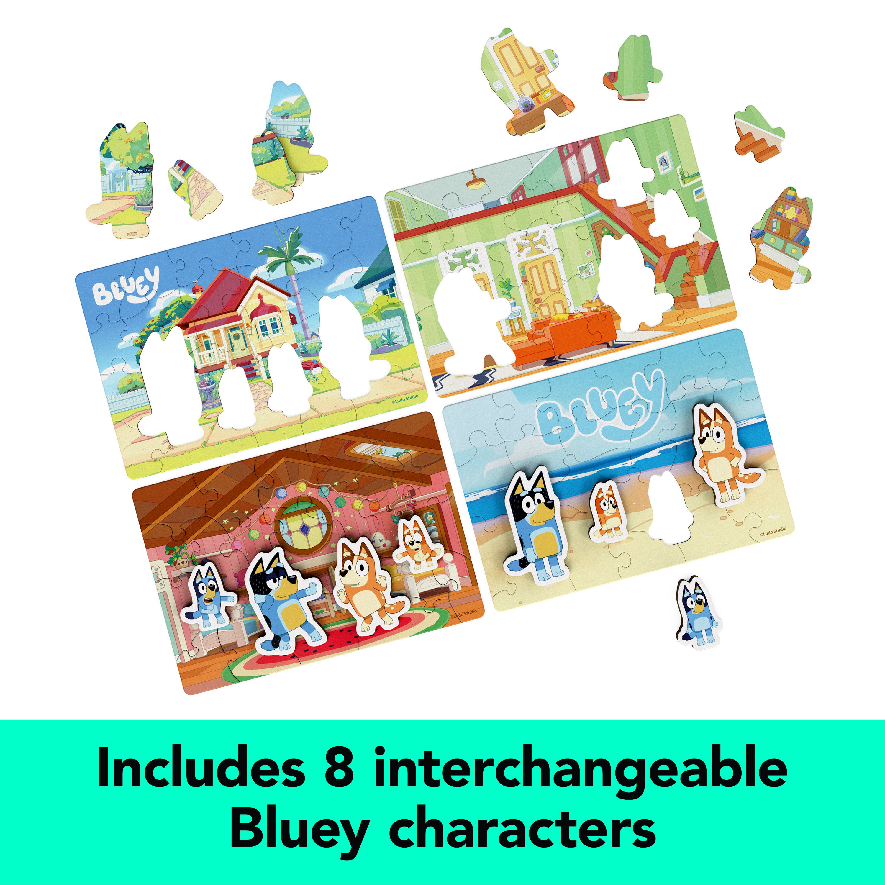 Spin Master Games, Bluey Puzzles 4-Pack, Wooden Jigsaw Puzzles for Preschoolers, 24 Pieces Each, Interchangeable Pieces, Bluey Birthday Gifts, for Kids Ages 3 & Up