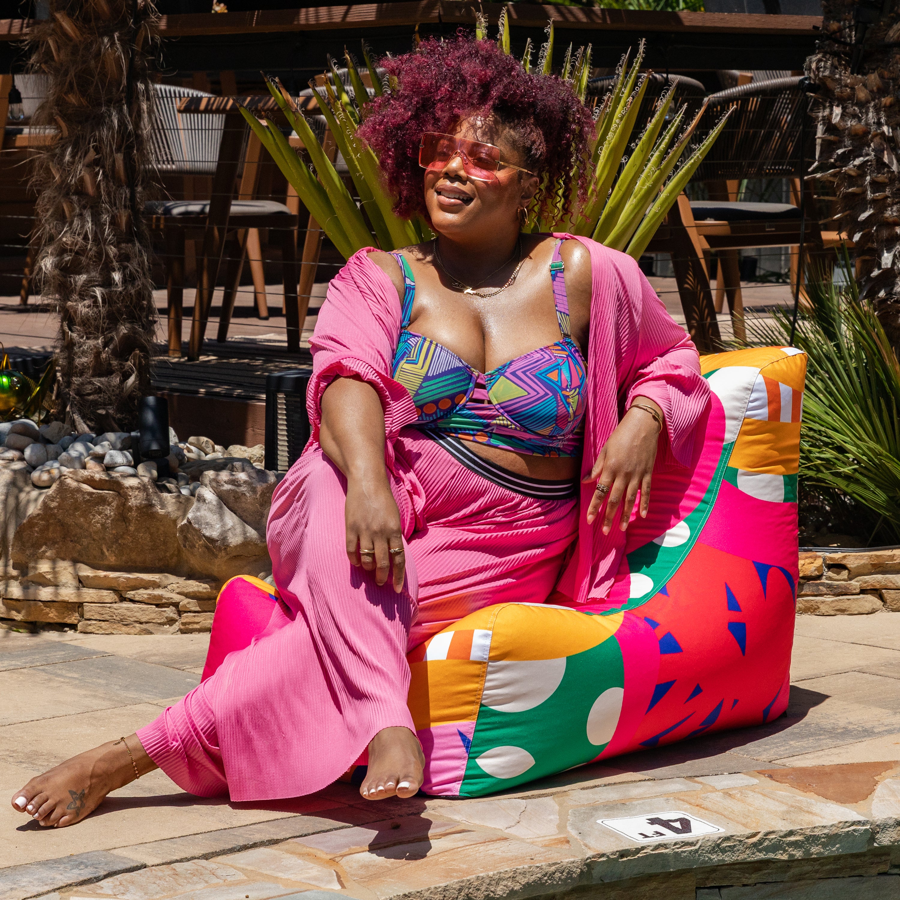 Jaxx Ponce Outdoor Bean Bag Chair - Weather Resistant Patio and Poolside Lounge Seating, Zuri Multicolor Pattern