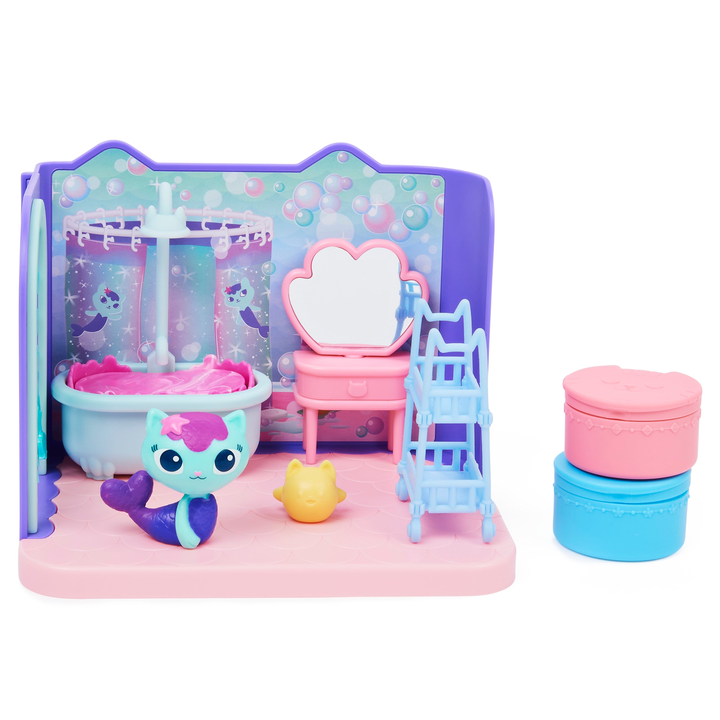 Gabby’s Dollhouse, Primp and Pamper Bathroom with MerCat Figure, 3 Accessories, 3 Furniture and 2 Deliveries, Kids Toys for Ages 3 and up