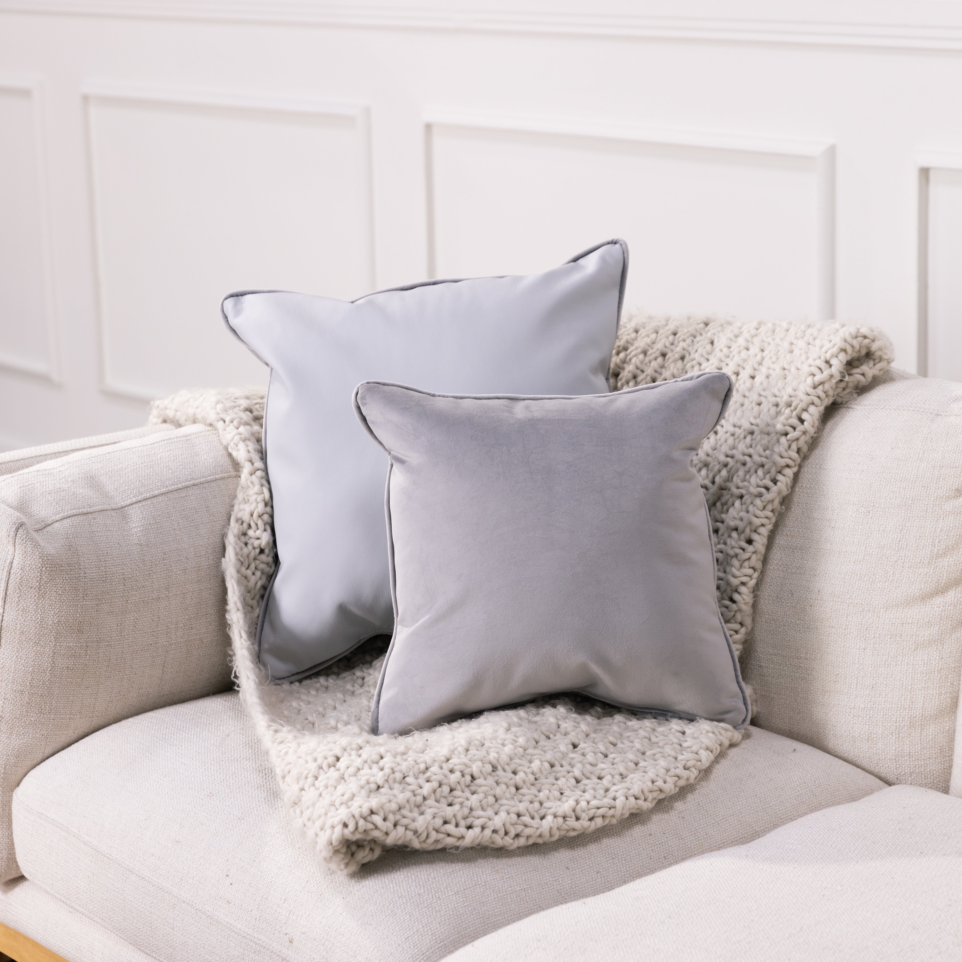 18" x 18" Square Microfiber and Faux Leather Pillow with Piping, 2-Piece - Sterling