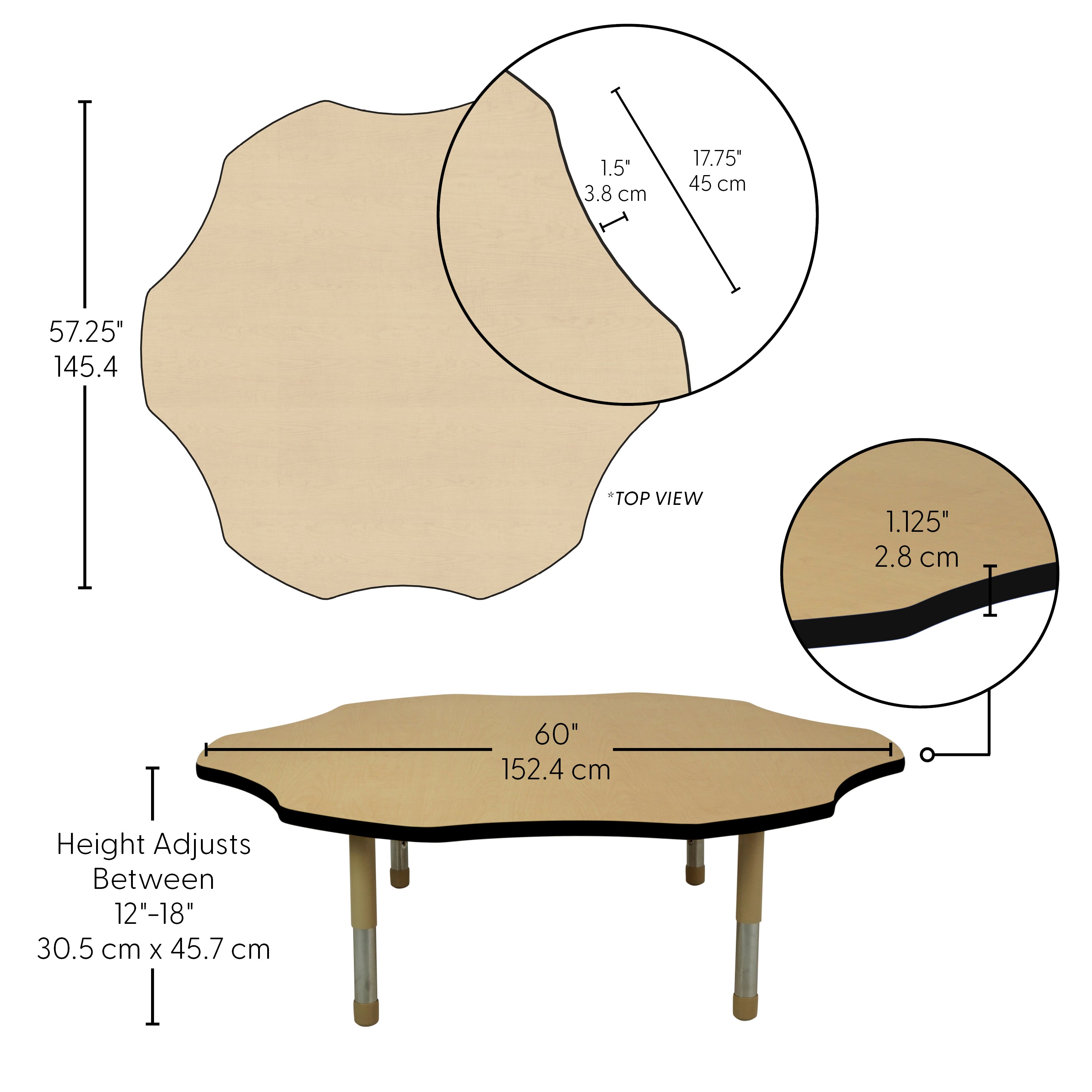 60" x 60" Flower T-Molding Activity Table with Adjustable Tiny Tot Legs - Maple/Black/Sand