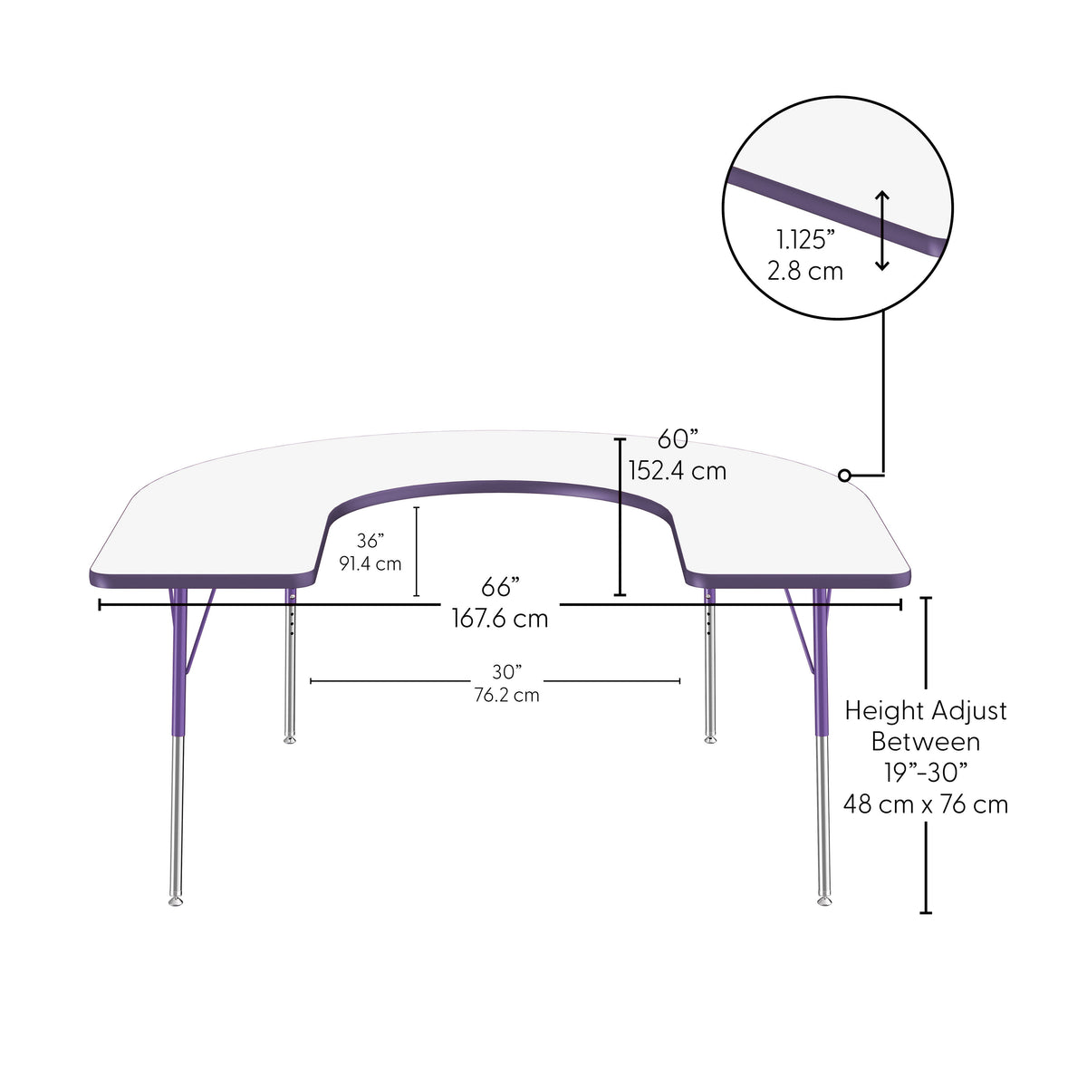60" x 66" Horseshoe Dry-Erase Activity Table with Adjustable Standard Swivel Glide Legs - Whiteboard/Eggplant/Purple
