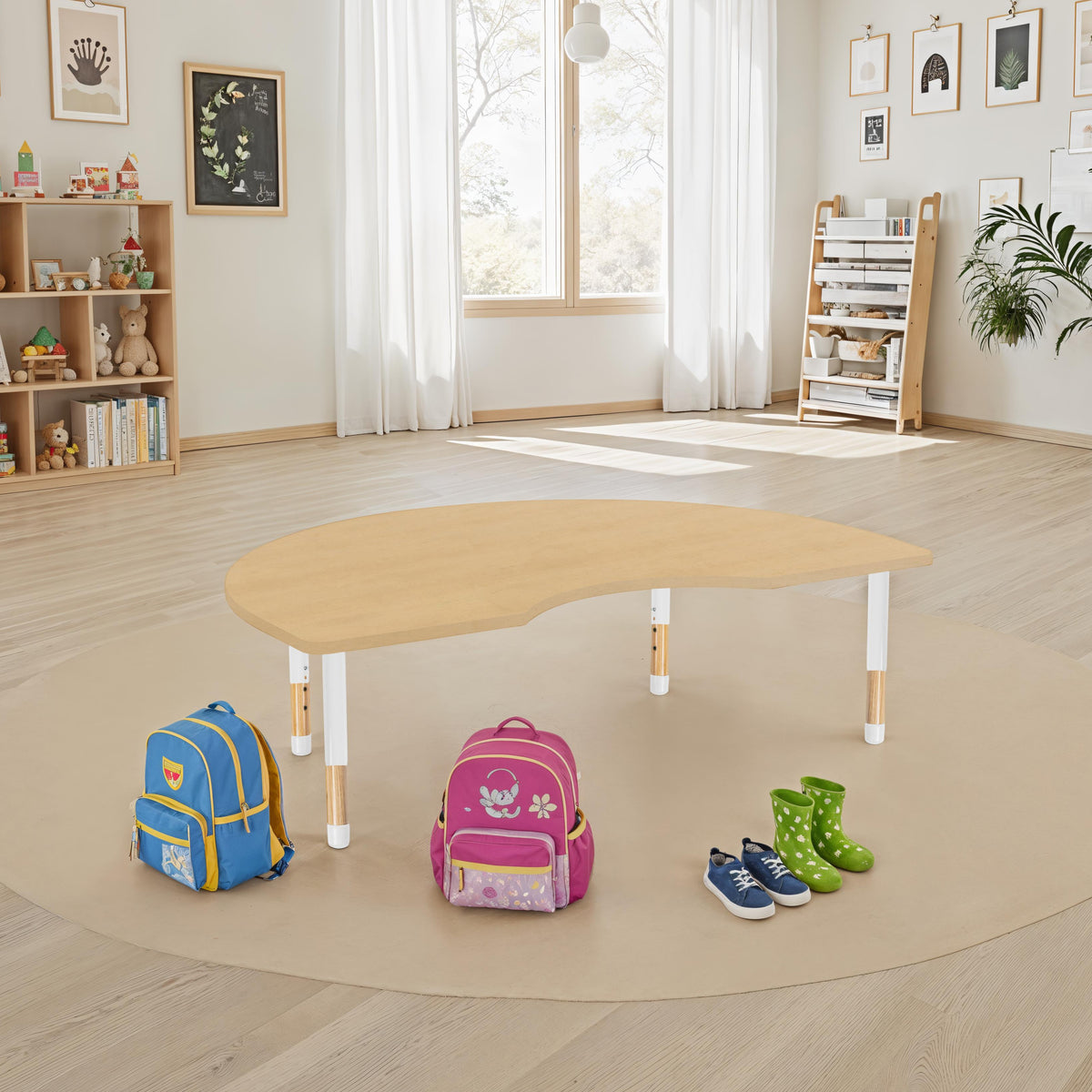 48" x 72" Kidney Thermofused Activity Table with Adjustable Chunky Wood Legs - Maple Grain/White/Natural