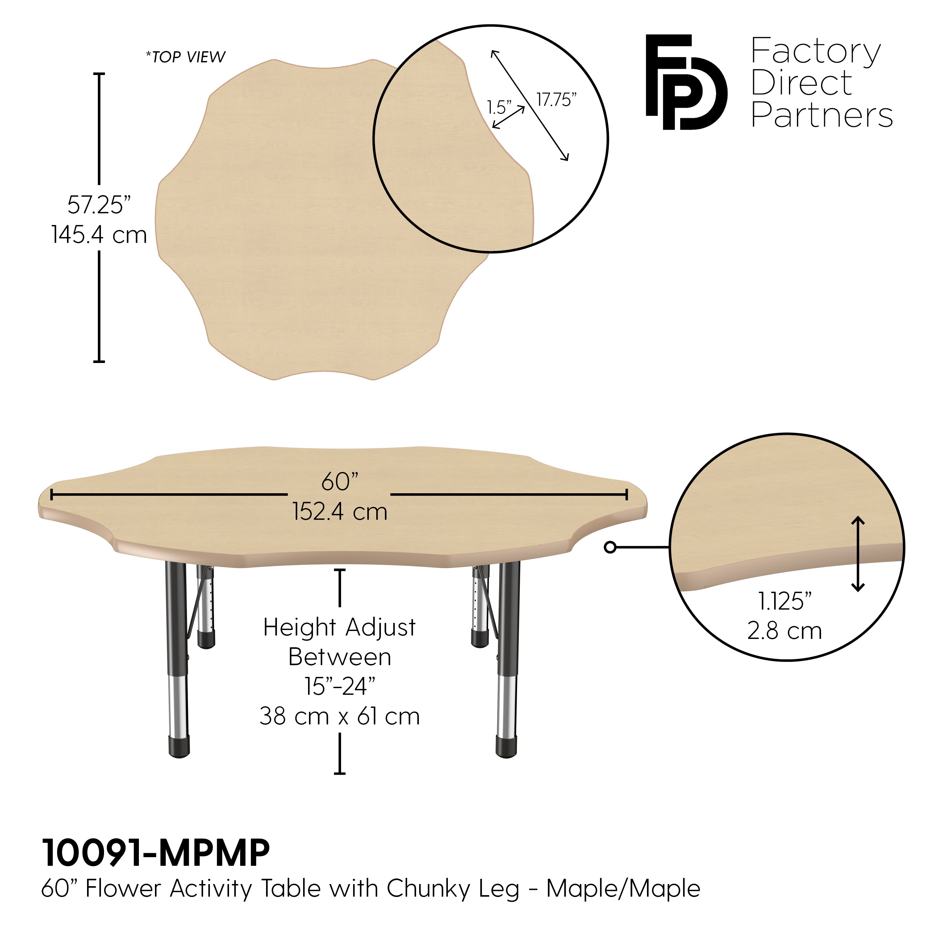 60" x 60" Flower T-Molding Activity Table with Adjustable Chunky Legs - Maple/Maple/Black