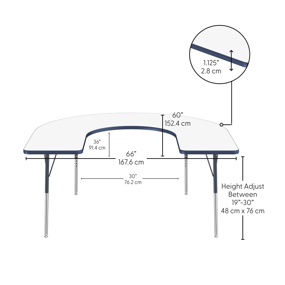 60" x 66" Horseshoe Dry-Erase Activity Table with Adjustable Standard Swivel Glide Legs - Whiteboard/Navy