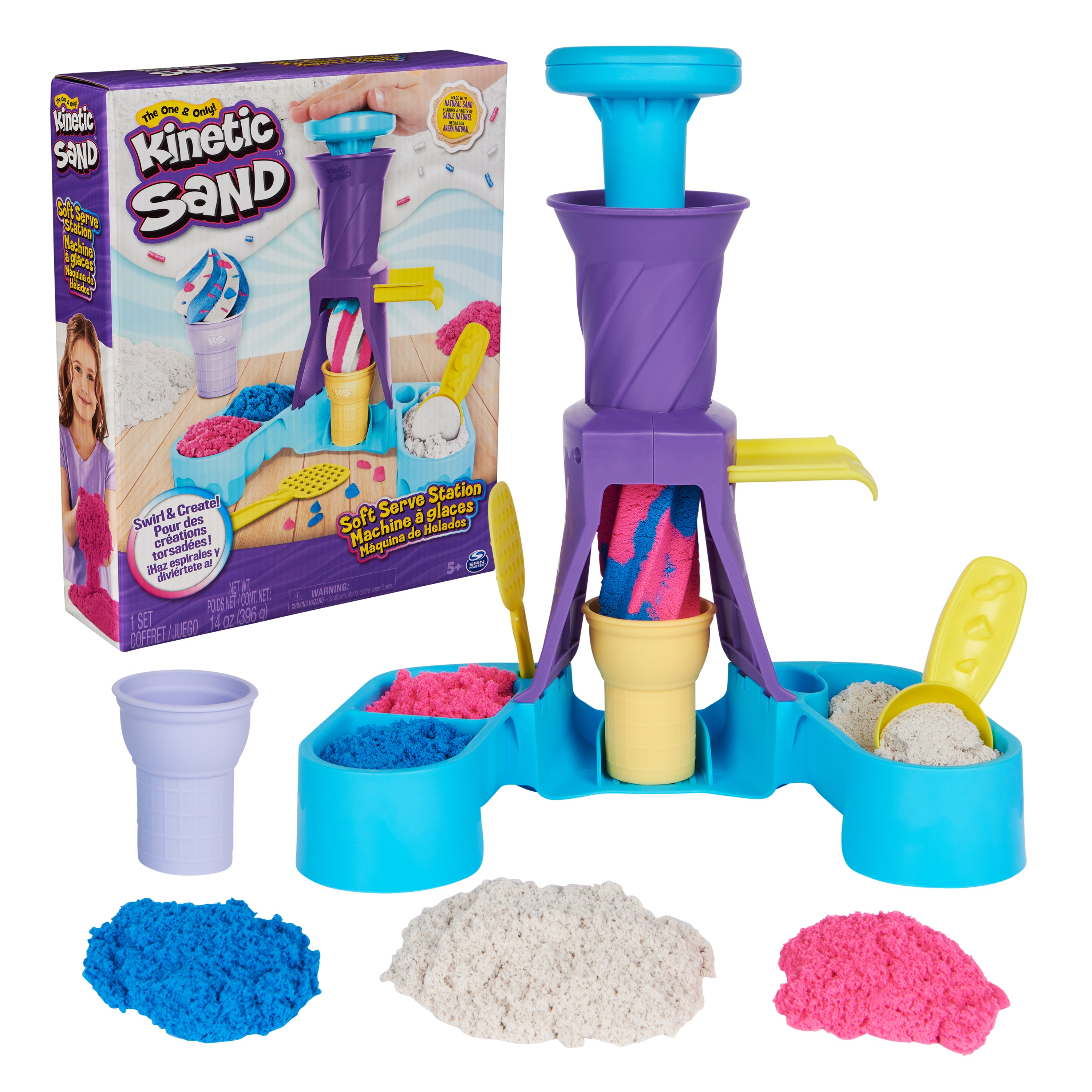 Kinetic Sand, Soft Serve Station with 14oz Play Sand Blue, Pink & White, 2 Ice Cream Cones & 2 Tools, Sensory Toys for Kids Ages 5 and up