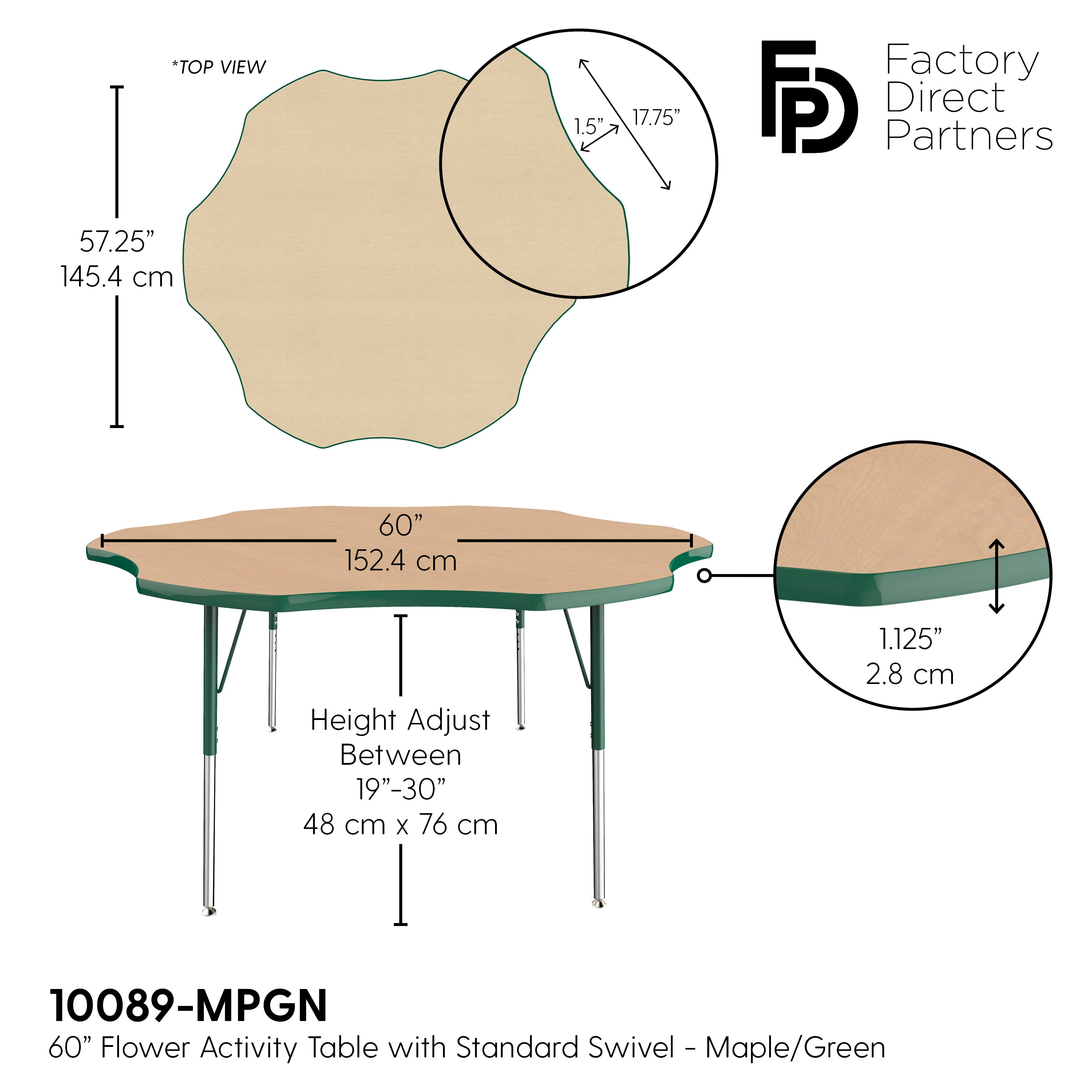 60" x 60" Flower T-Molding Activity Table with Adjustable Standard Swivel Glide Legs - Maple/Green