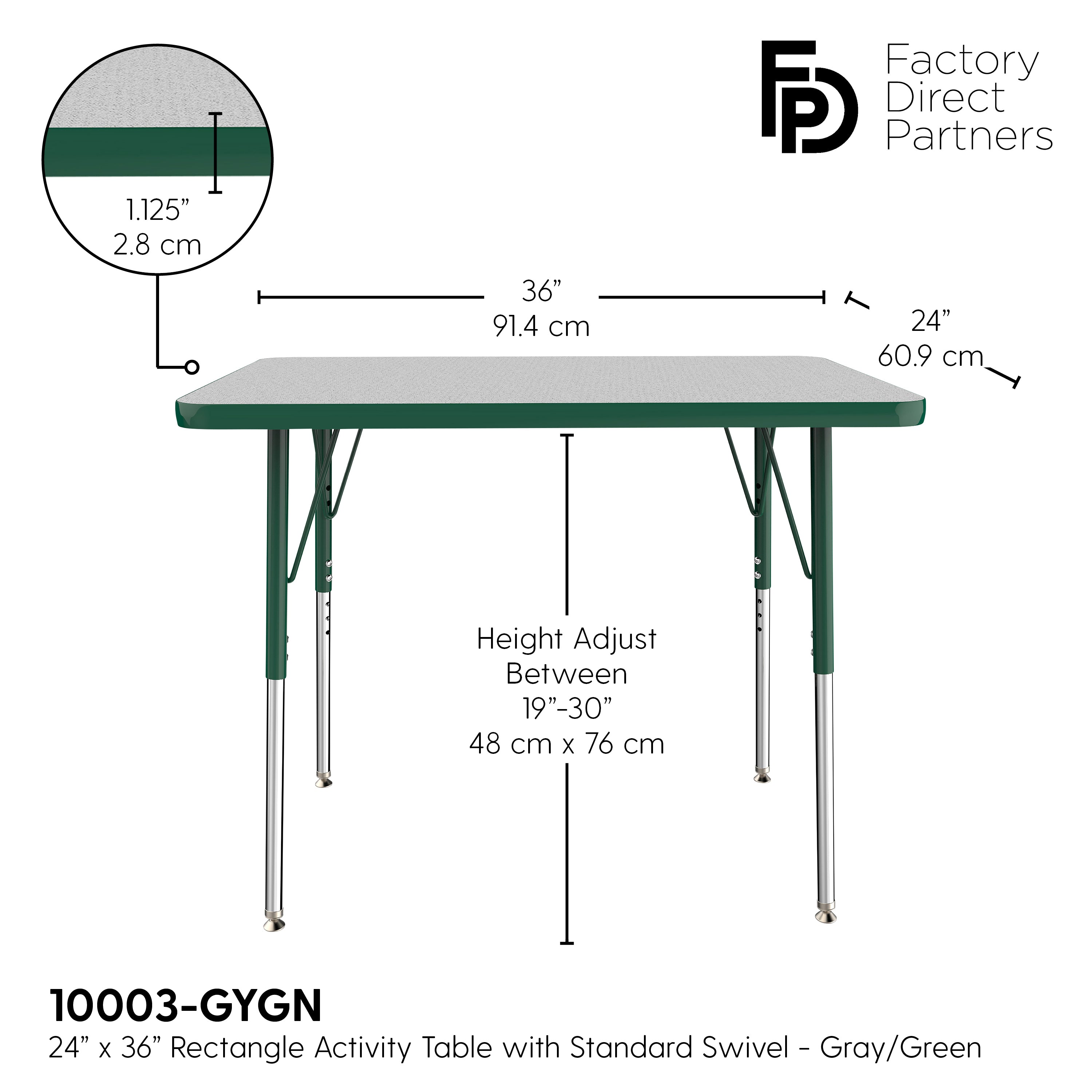 24" x 36" Rectangle T-Molding Activity Table with Adjustable Standard Swivel Glide Legs - Gray/Green