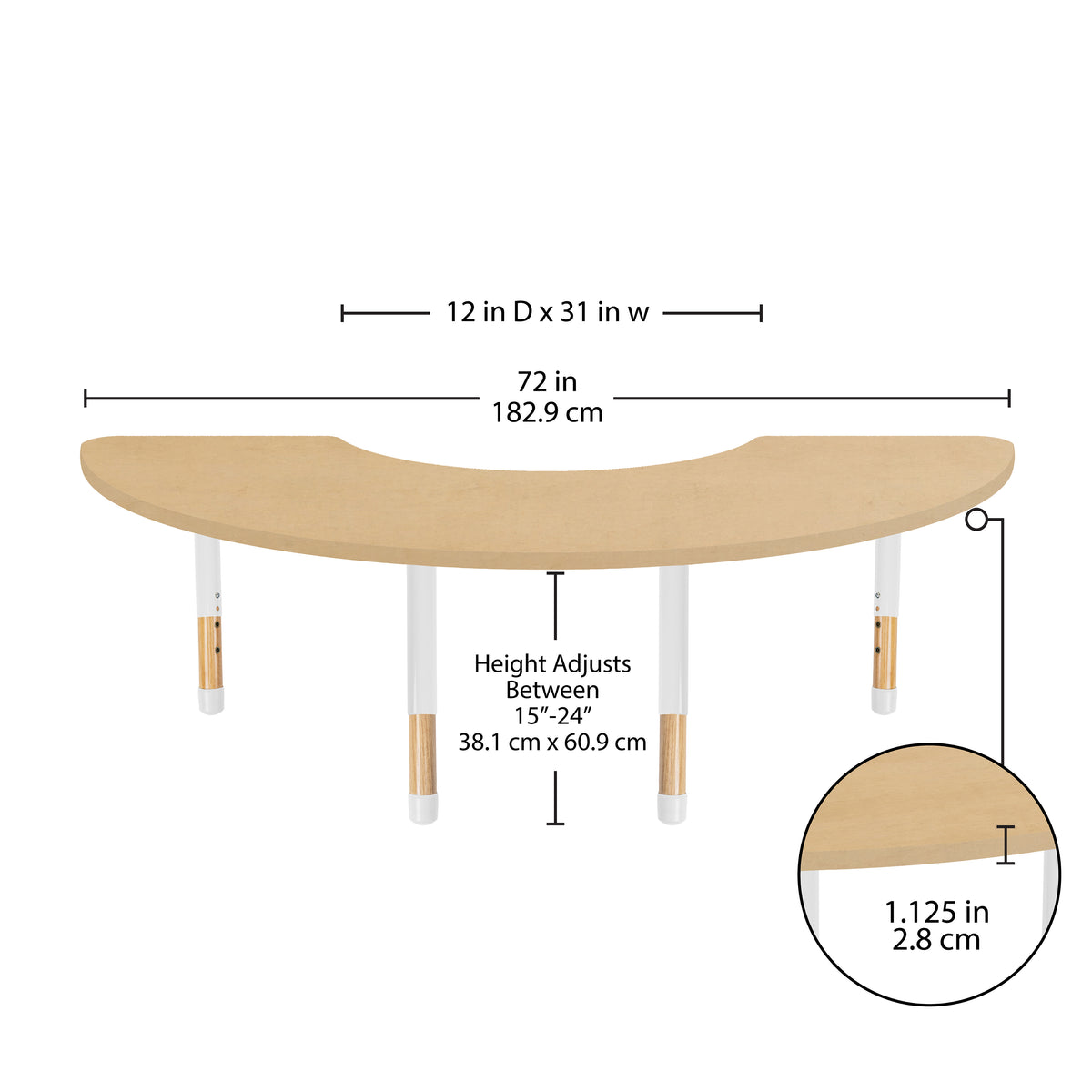 36" x 72" Half Moon Thermofused Activity Table with Adjustable Chunky Wood Legs - Maple Grain/White/Natural