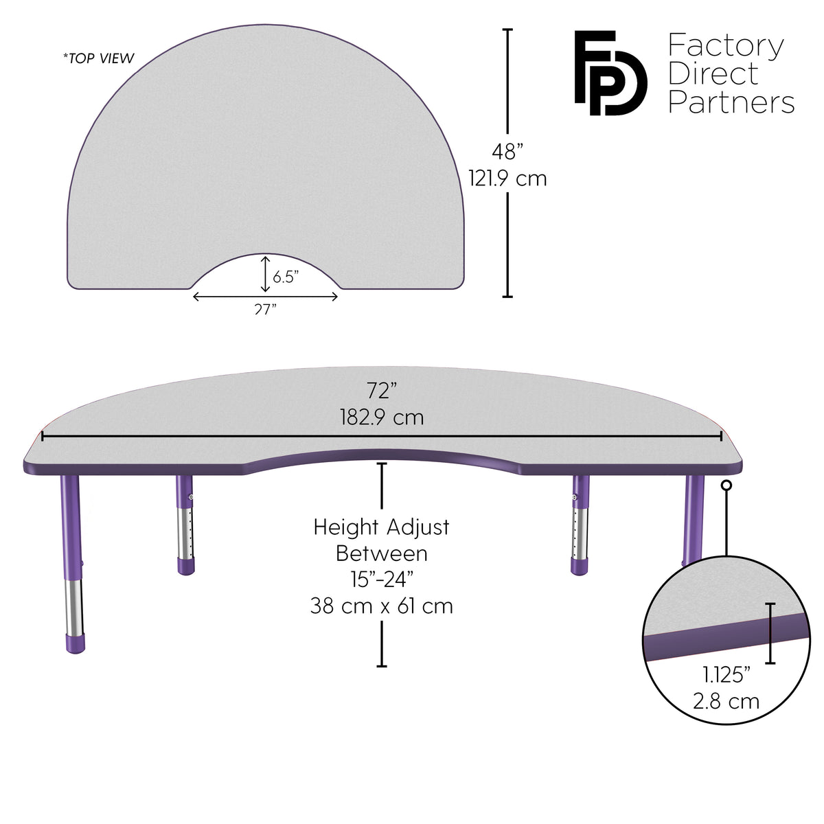 48" x 72" Kidney T-Molding Activity Table with Adjustable Chunky Legs - Gray/Purple