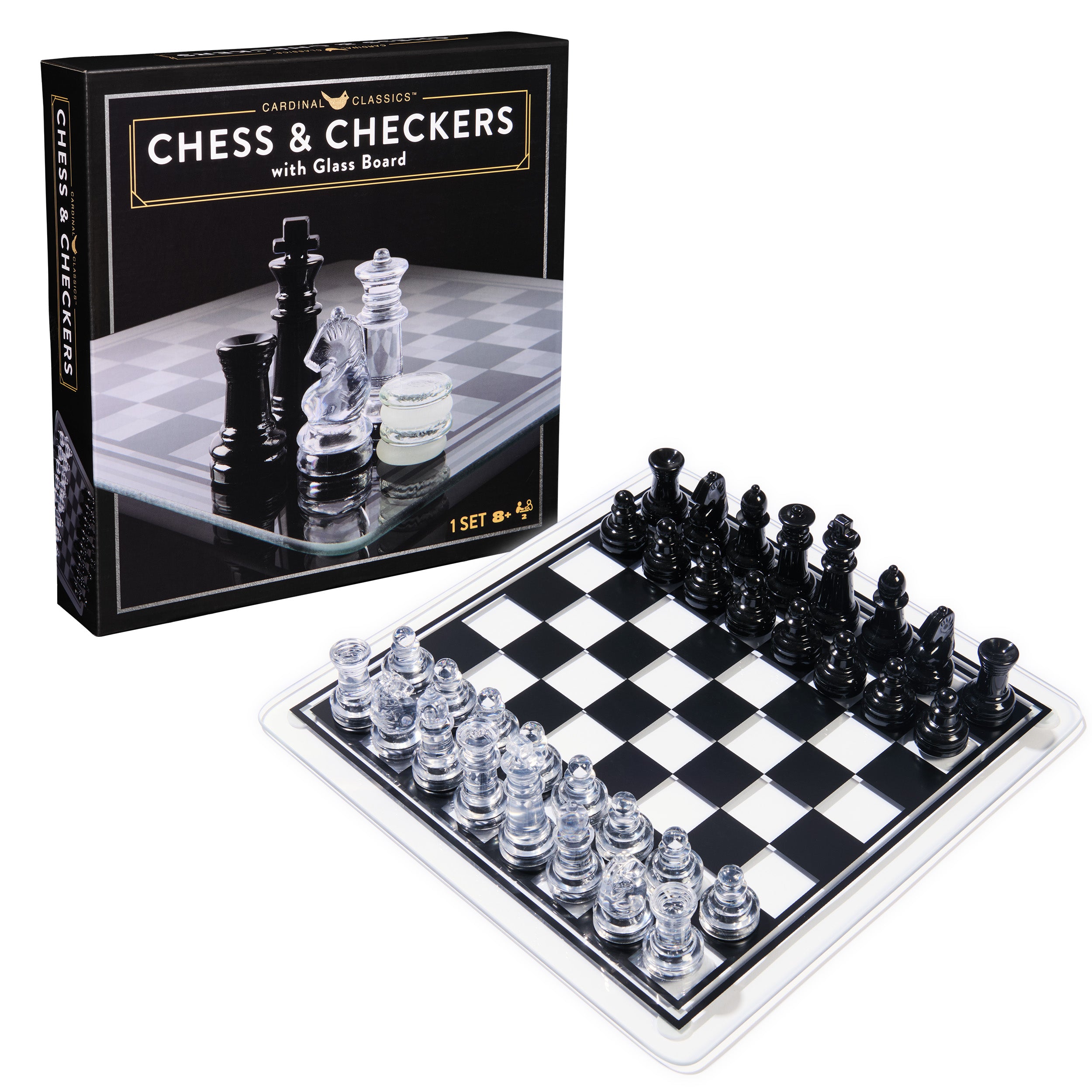 Spin Master Games, Cardinal Classics, Black and Clear Chess & Checkers Set with Glass Gameboard, for Adults and Kids Ages 8 and up