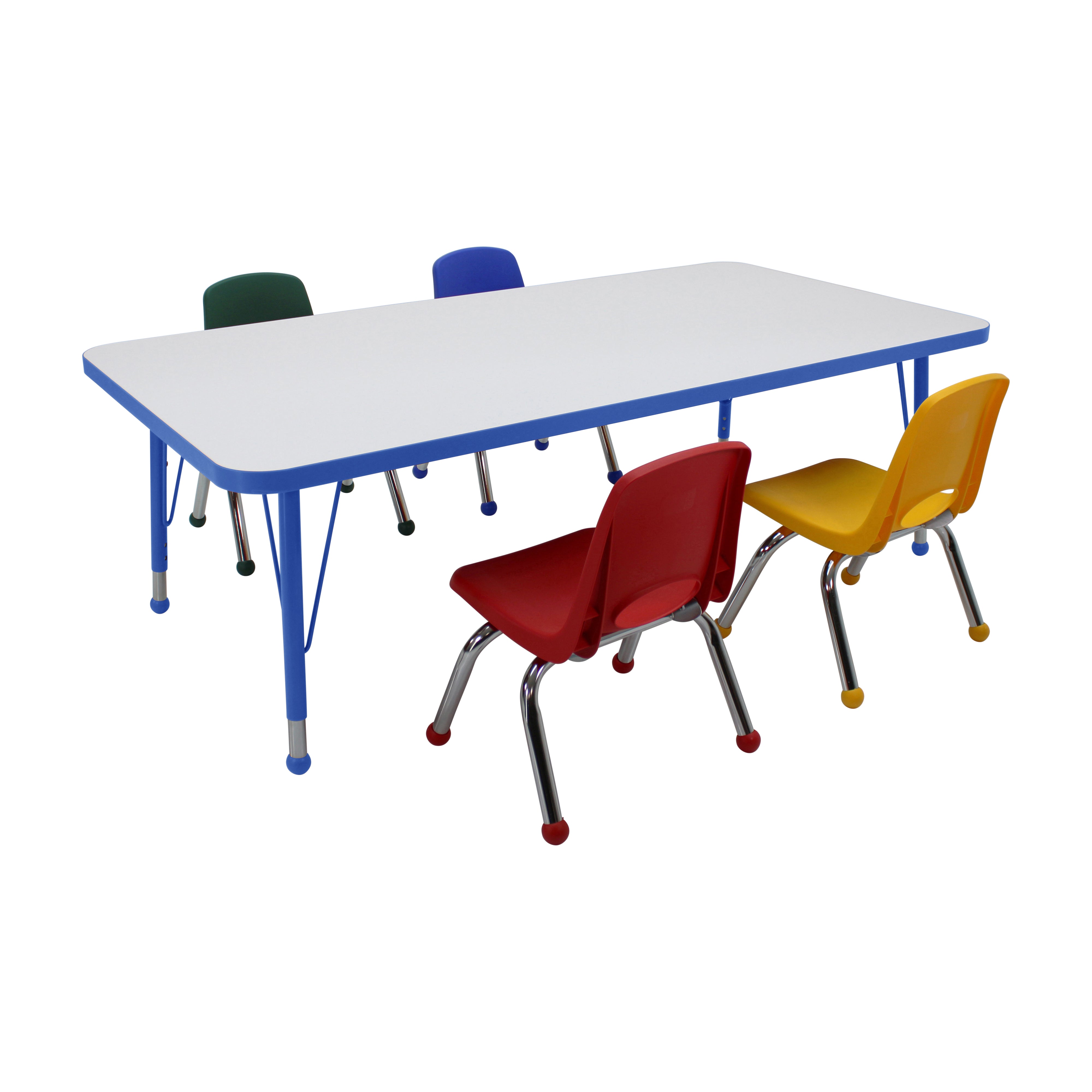 30" x 60" Rectangle Dry-Erase Activity Table with Standard Legs and 10" Stack Chairs with Ball Glides, 5-Piece Set - Whiteboard/Blue/Assorted
