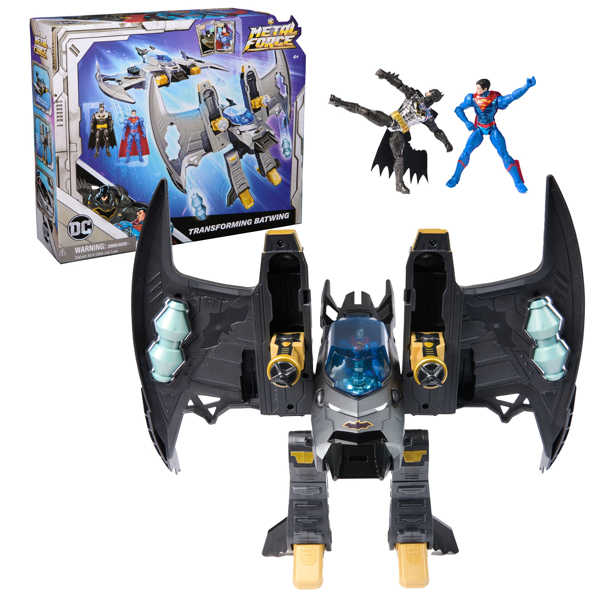 DC Comics, Metal Force Transforming Batwing, 2-in-1 Playset, Includes Batman and Superman Figures, with Projectiles and Character Cards, Kids Toy for Boys Ages 4 and Up