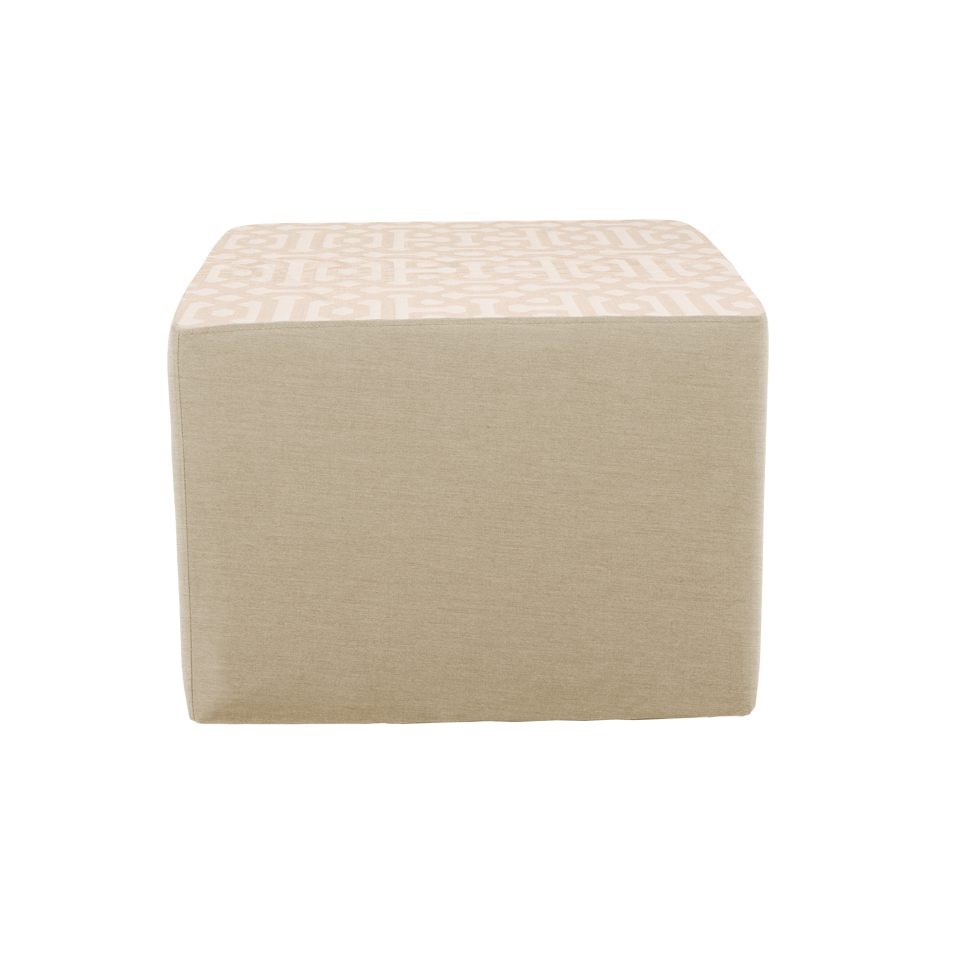 Outdoor 24" Square Ottoman with Sunbrella, 18" H - Fretwork Flax/Spectrum Sand