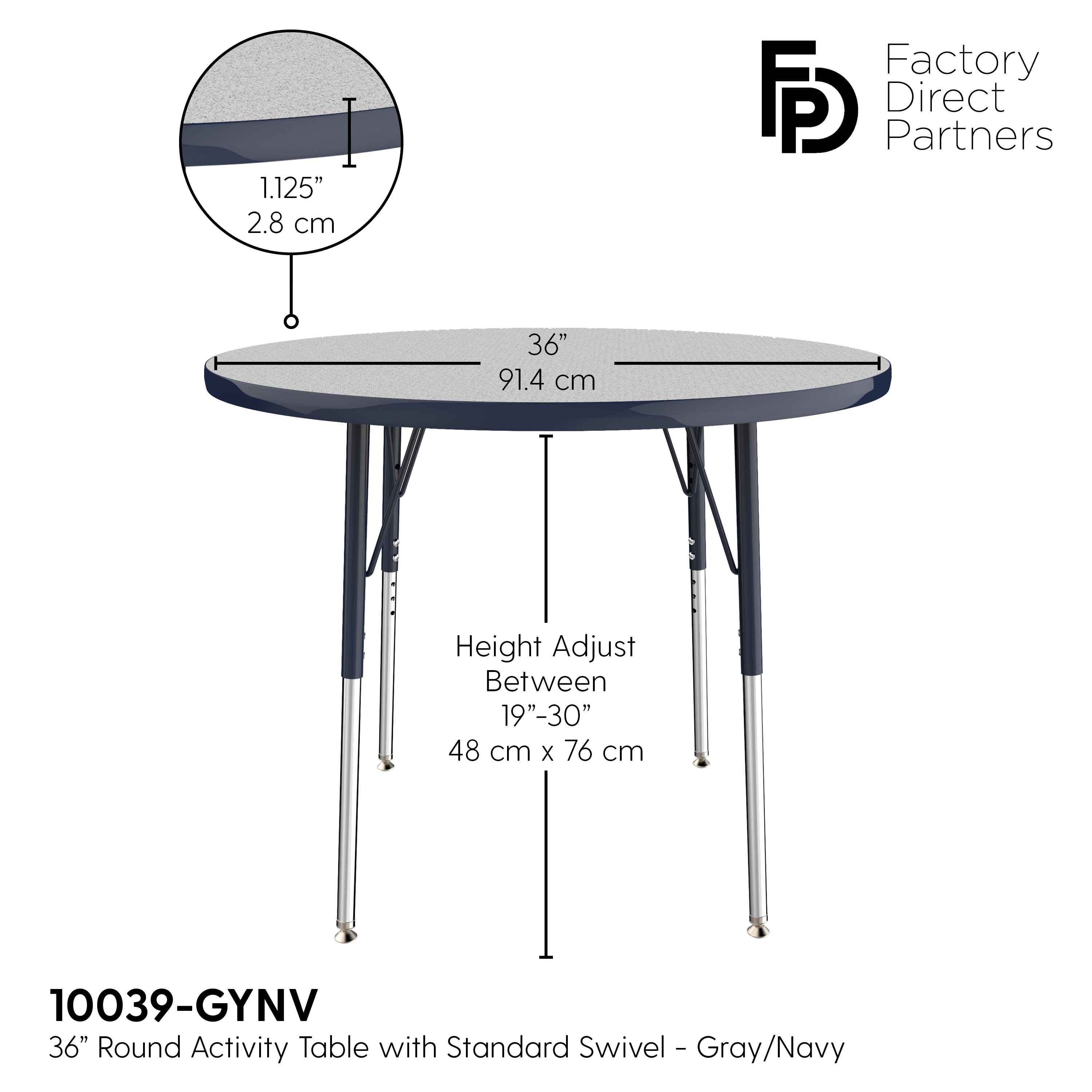 36" Round T-Molding Activity Table with Adjustable Standard Swivel Glide Legs - Gray/Navy