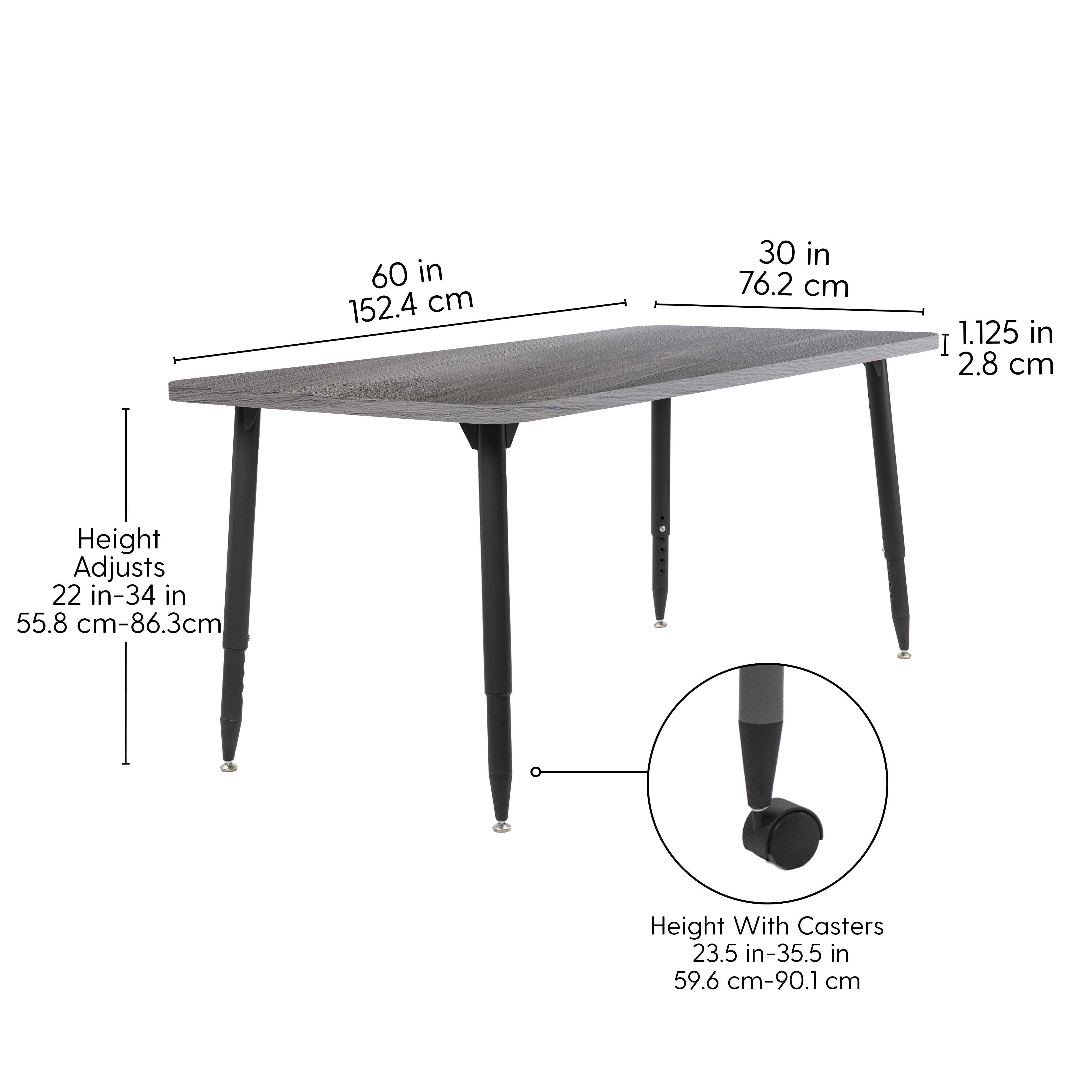 Adapte 30" x 60" Rectangle Woodgrain Activity Table with Adjustable Tapered Legs - Gray Wood/Black