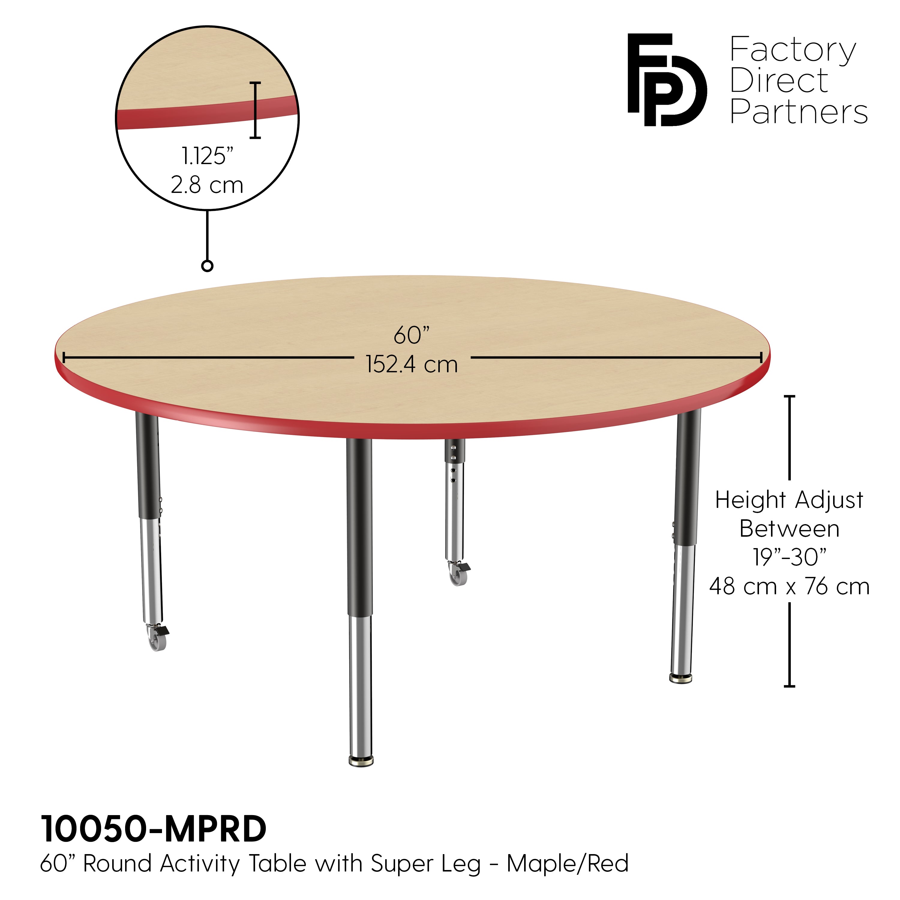 60" Round T-Molding Activity Table with Adjustable Super Legs - Maple/Red/Black