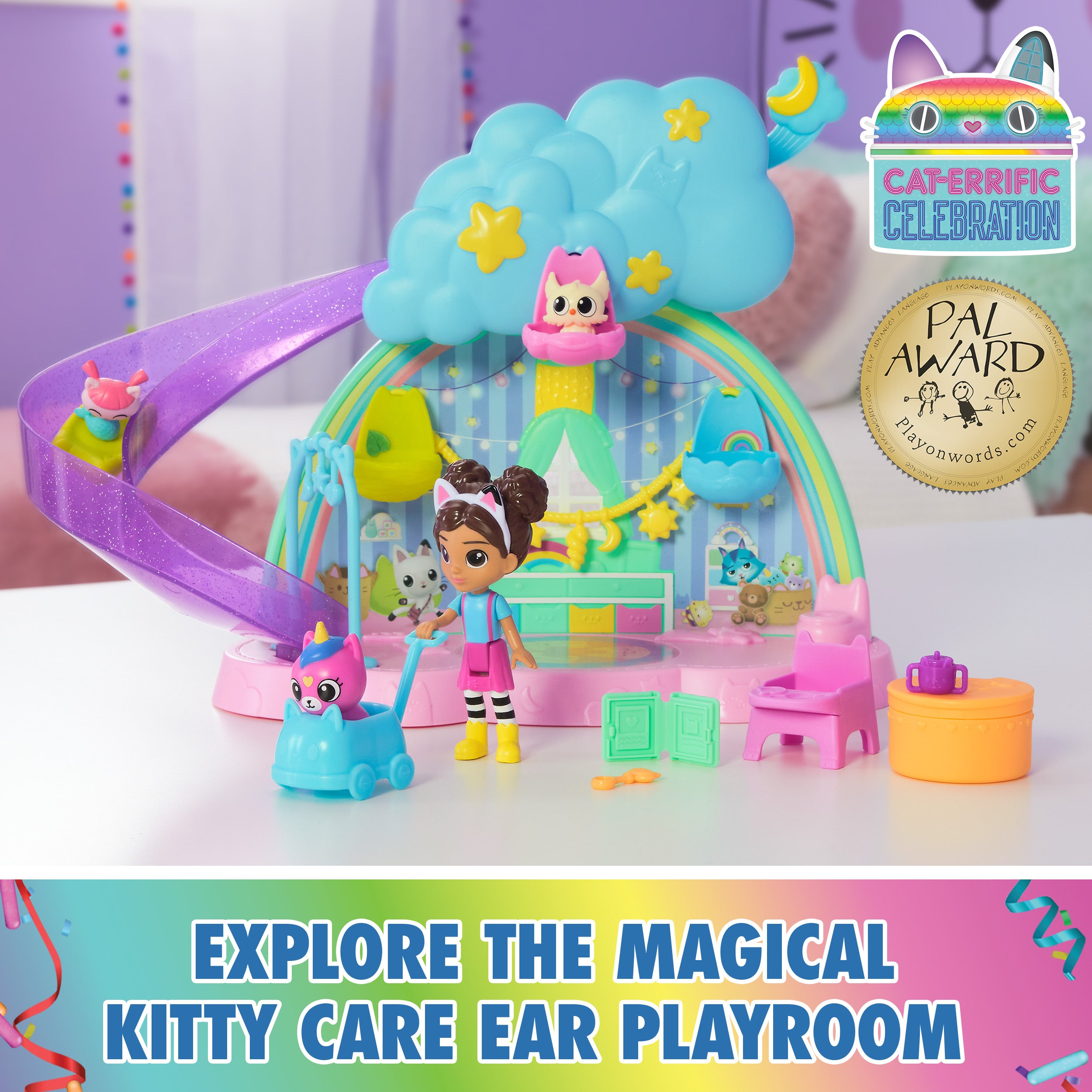 Gabby's Dollhouse Kitty Care Ear Purrfect Playroom – 17-Piece Playset with 4 Toy Figures, Dollhouse Furniture, Doll Accessories & Baby Doll Stuff for Kids Ages 3+
