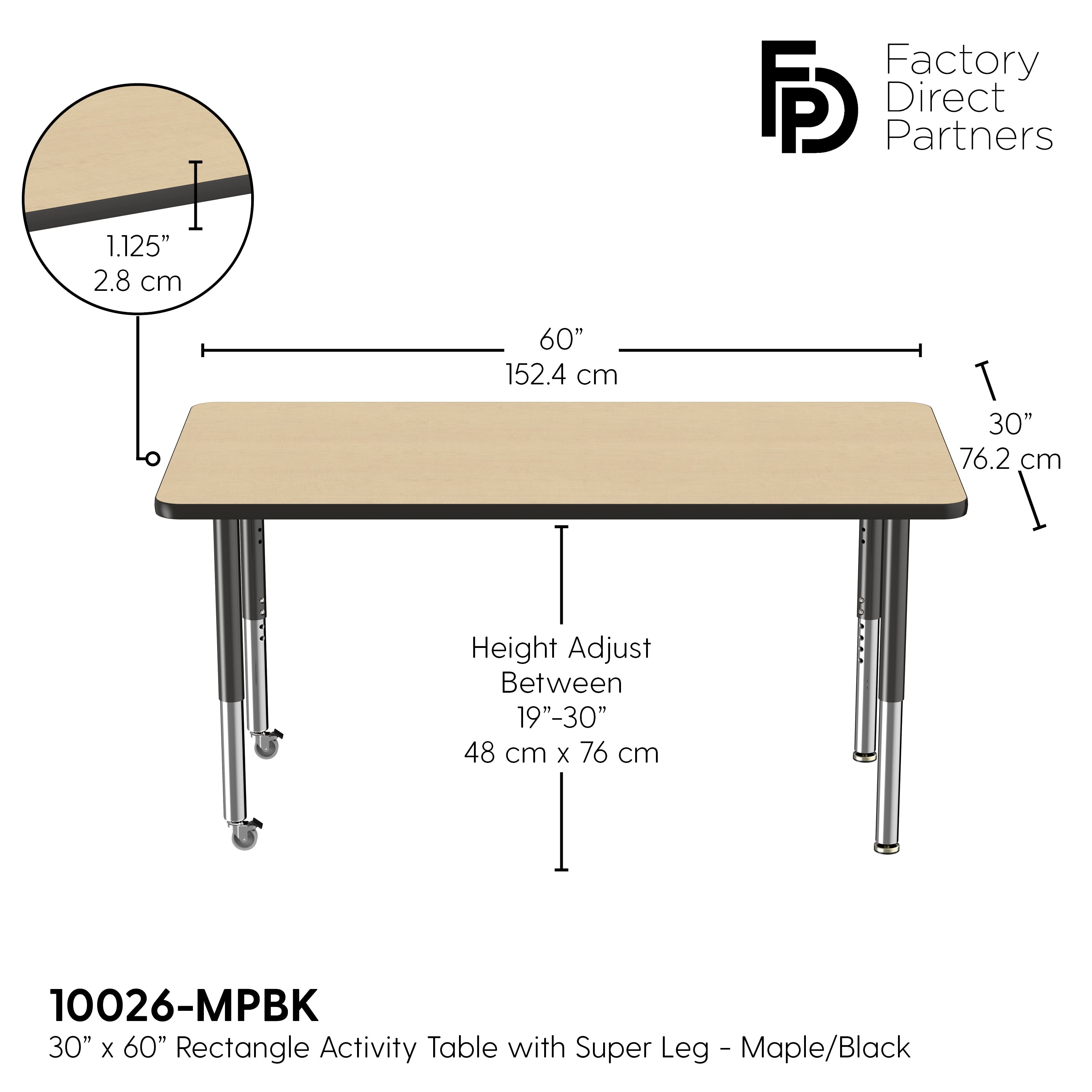 30" x 60" Rectangle T-Molding Activity Table with Adjustable Super Legs - Maple/Black