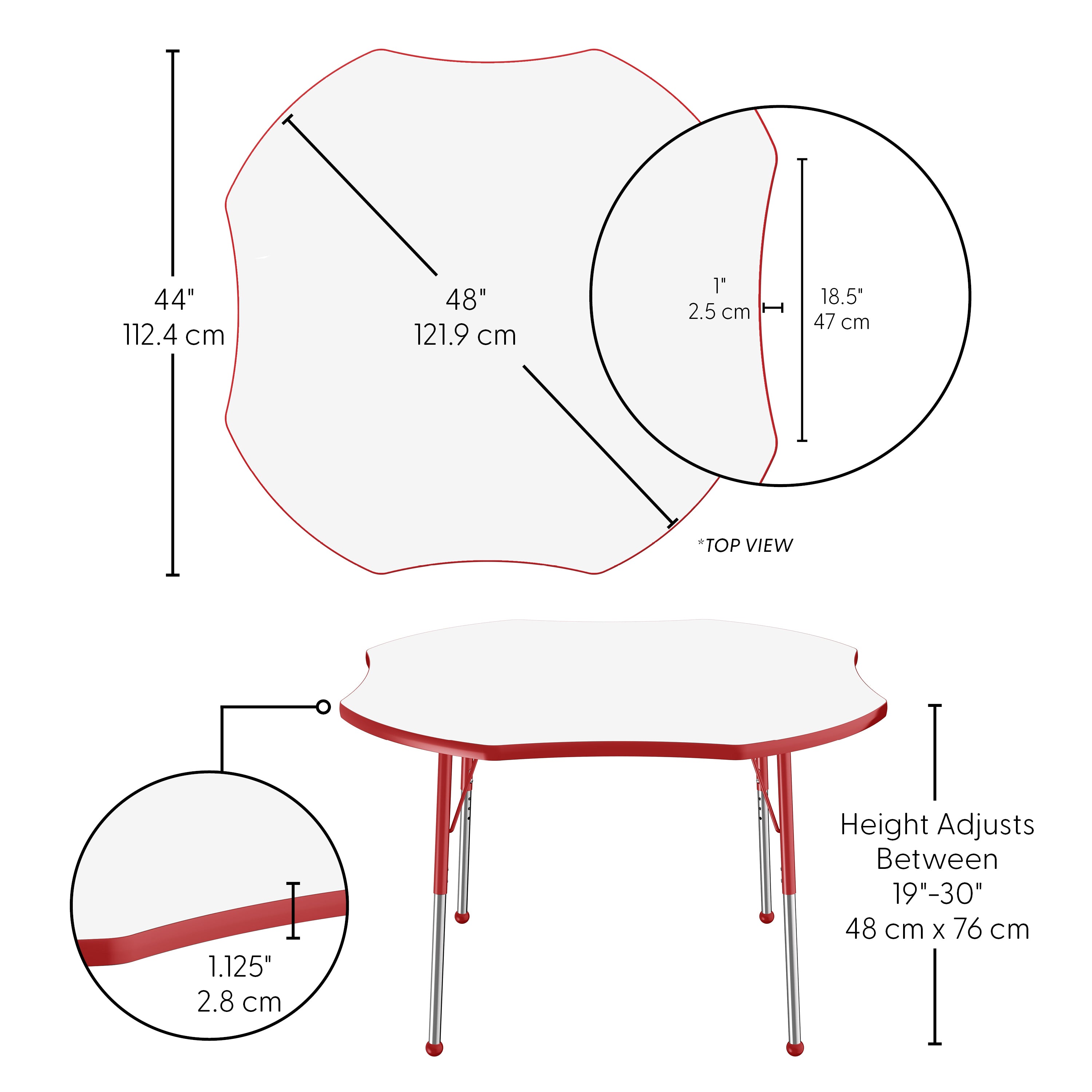 48" x 48" Clover Dry-Erase Activity Table with Adjustable Standard Ball Glide Legs - Whiteboard/Red