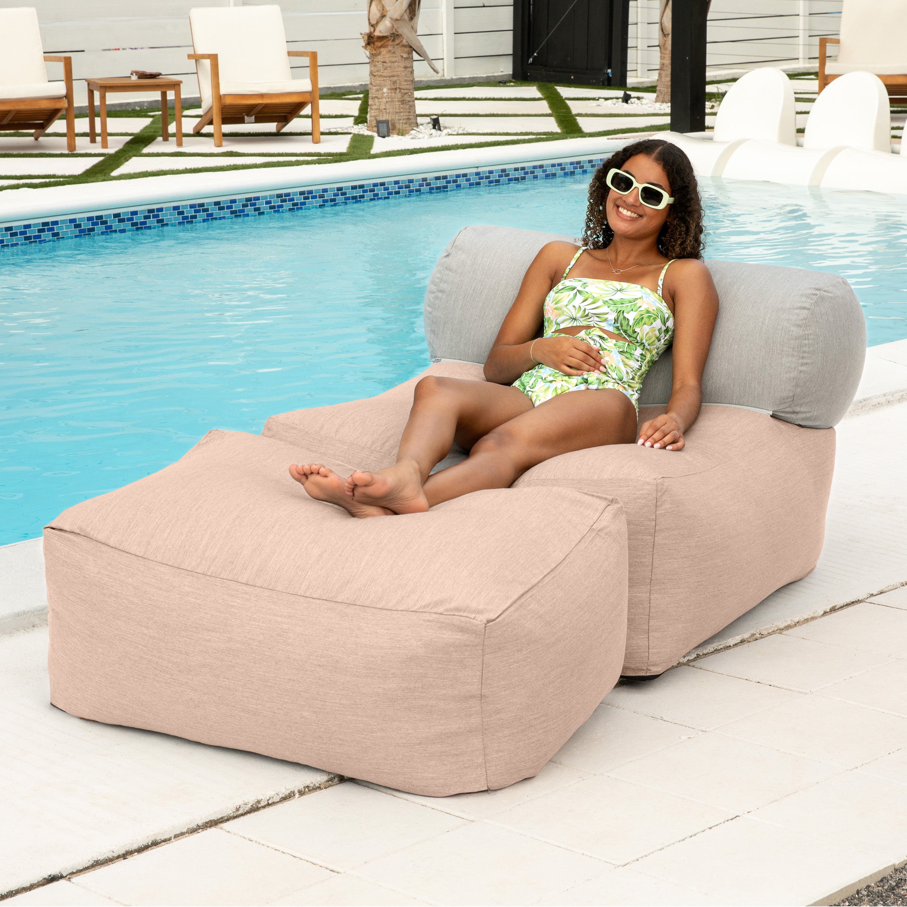 Jaxx Tybee Large Outdoor Lounge w/ Bolster and Ottoman - Sunbrella Petal