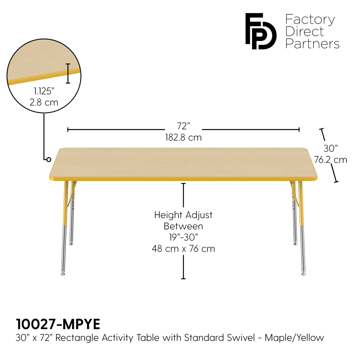 30" x 72" Rectangle T-Molding Activity Table with Adjustable Standard Swivel Glide Legs - Maple/Yellow
